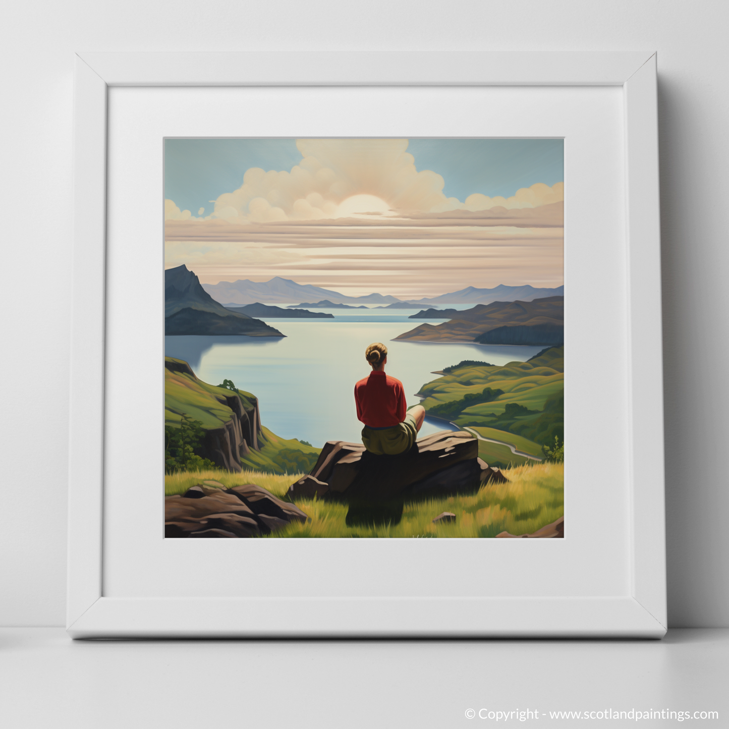 Art Print of Two hikers looking out on Loch Lomond with a white frame