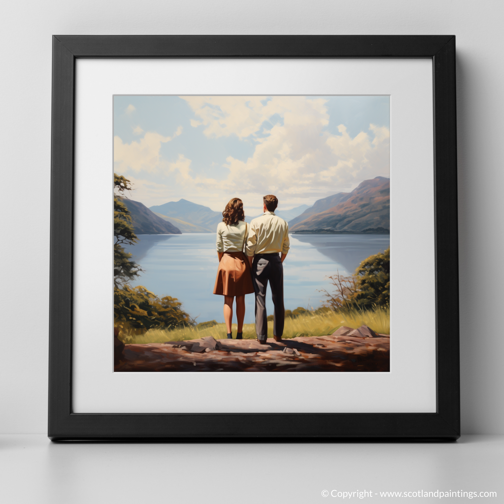 Art Print of A couple holding hands looking out on Loch Lomond with a black frame