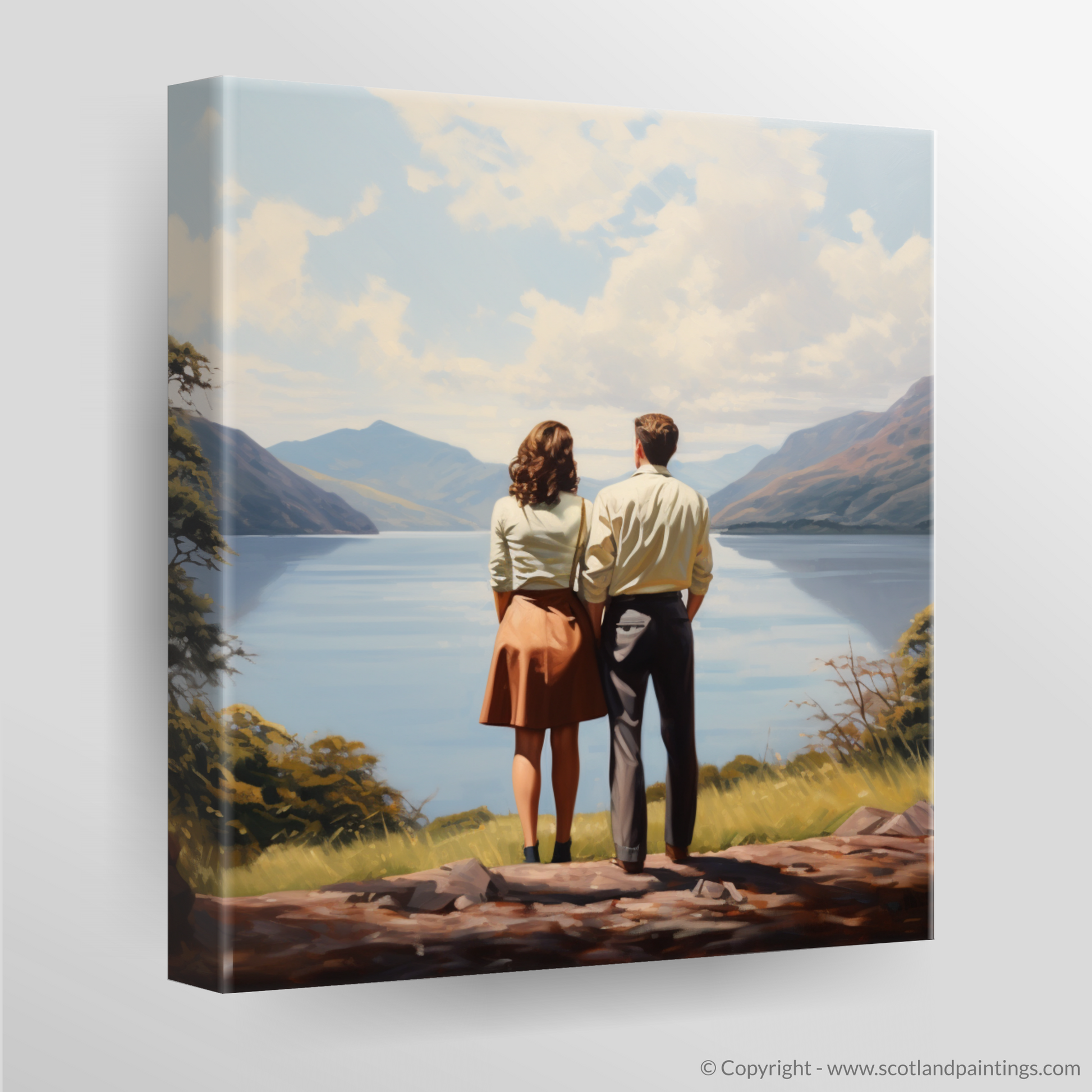 Canvas Print of A couple holding hands looking out on Loch Lomond