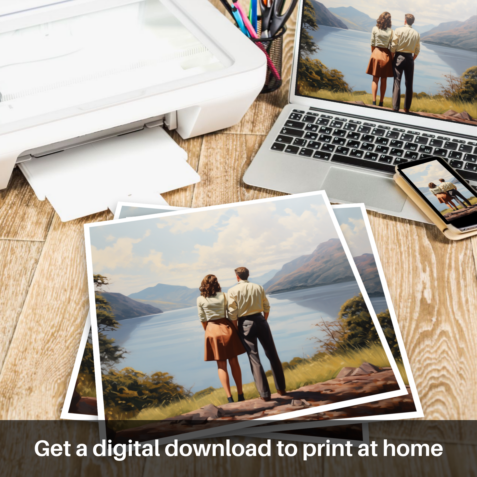 Downloadable and printable picture of A couple holding hands looking out on Loch Lomond