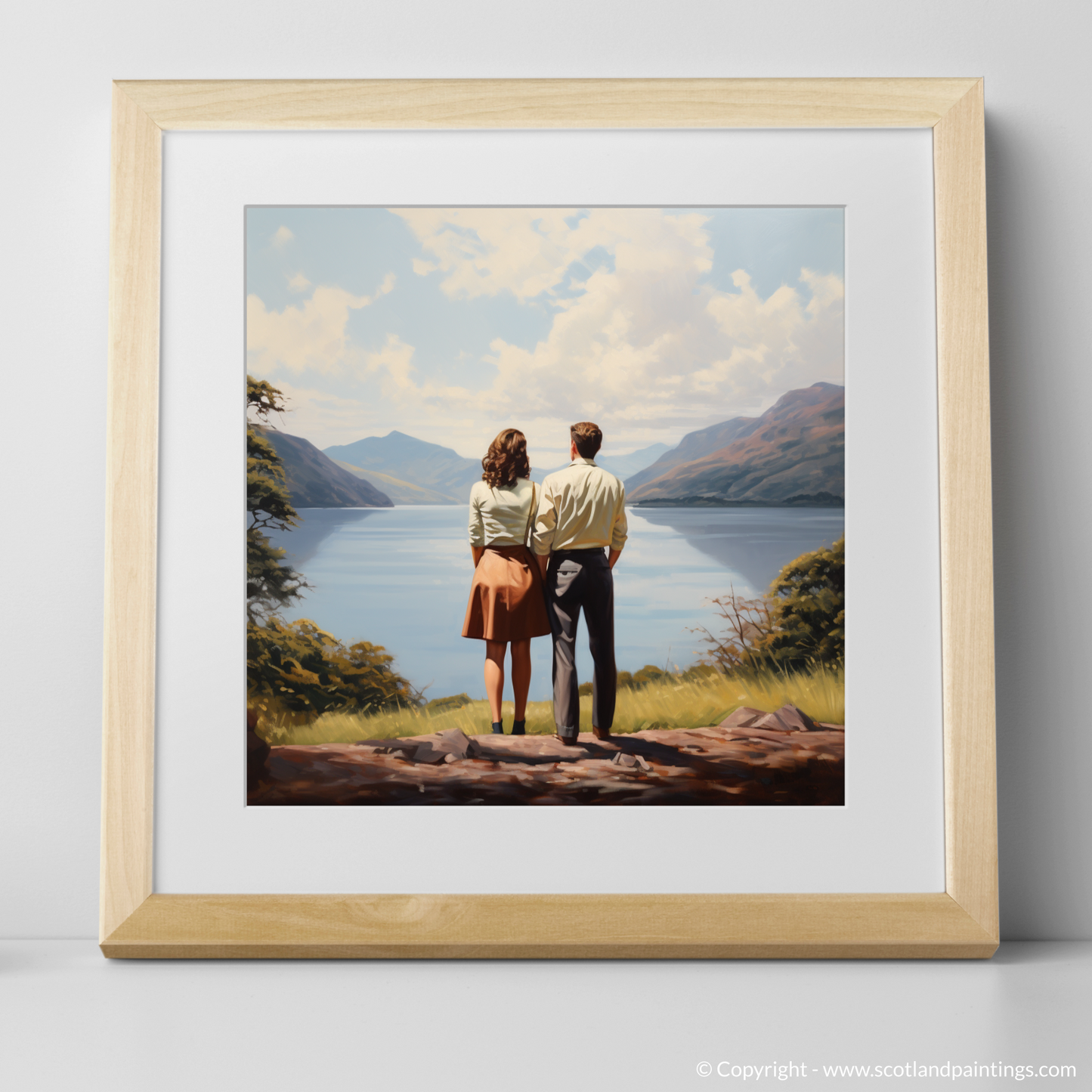 Art Print of A couple holding hands looking out on Loch Lomond with a natural frame