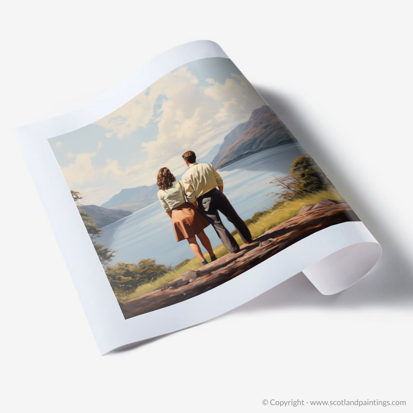 Art Print of A couple holding hands looking out on Loch Lomond