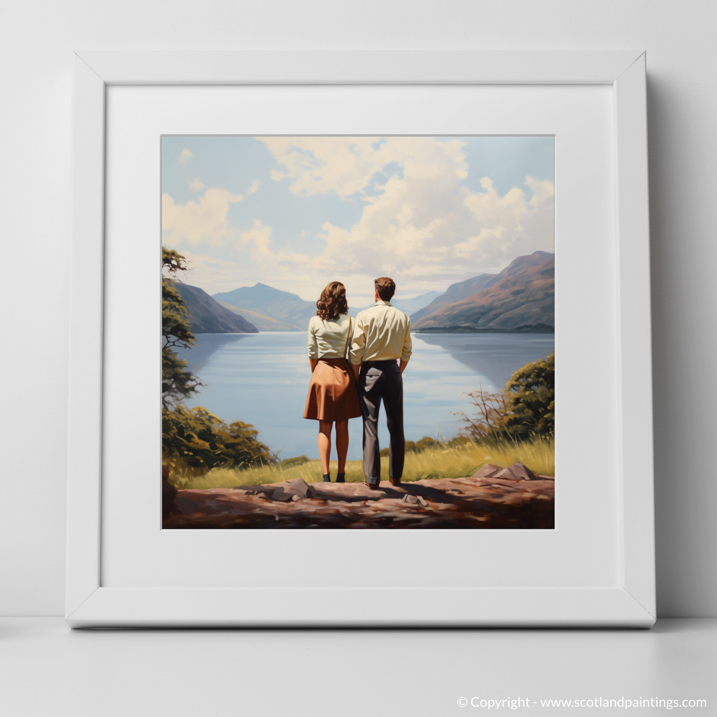 Art Print of A couple holding hands looking out on Loch Lomond with a white frame