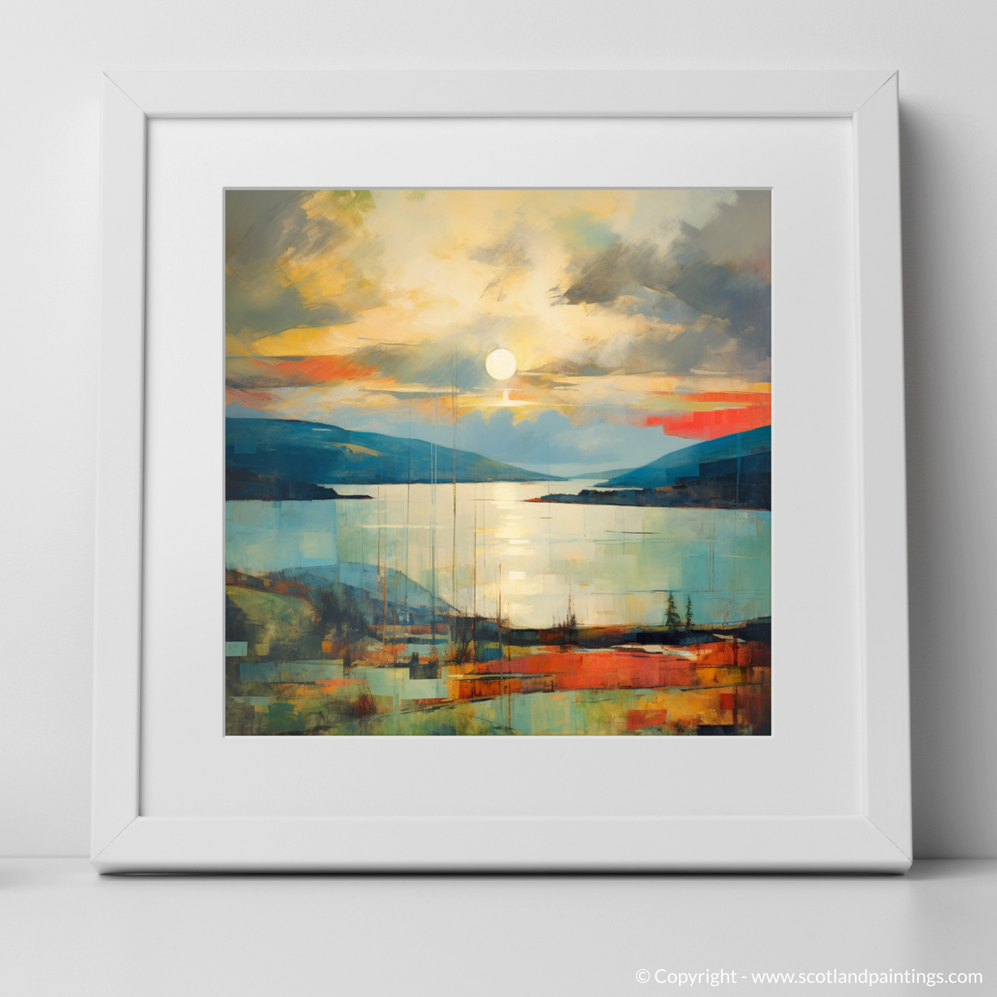 Art Print of Crepuscular rays above Loch Lomond with a white frame