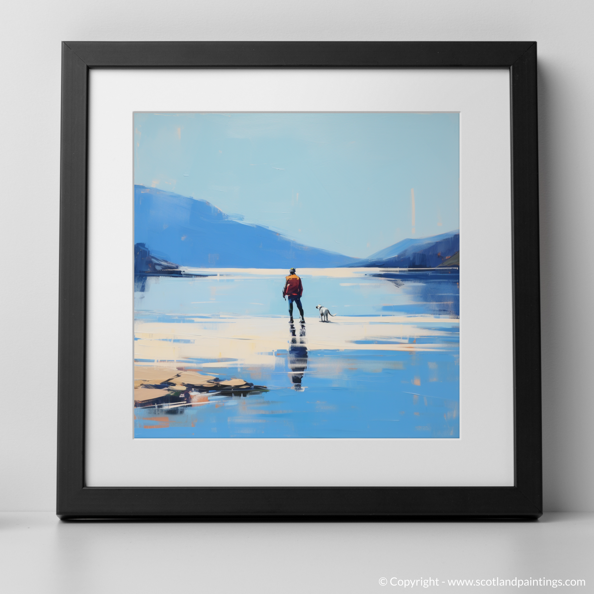 Art Print of A man walking dog at the side of Loch Lomond with a black frame