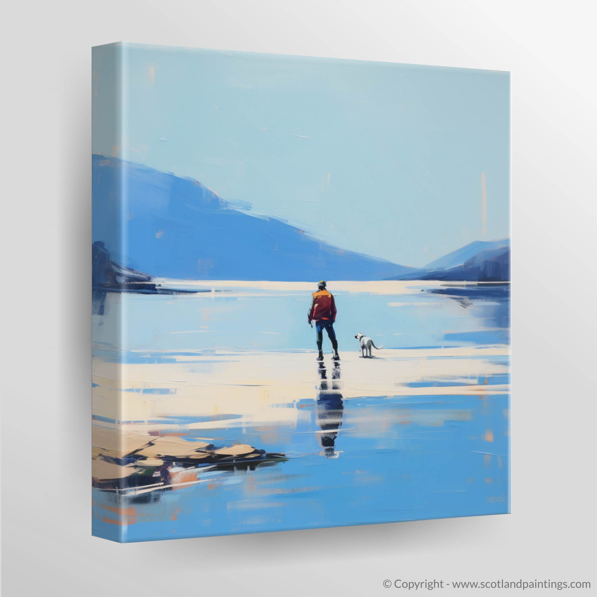 Canvas Print of A man walking dog at the side of Loch Lomond