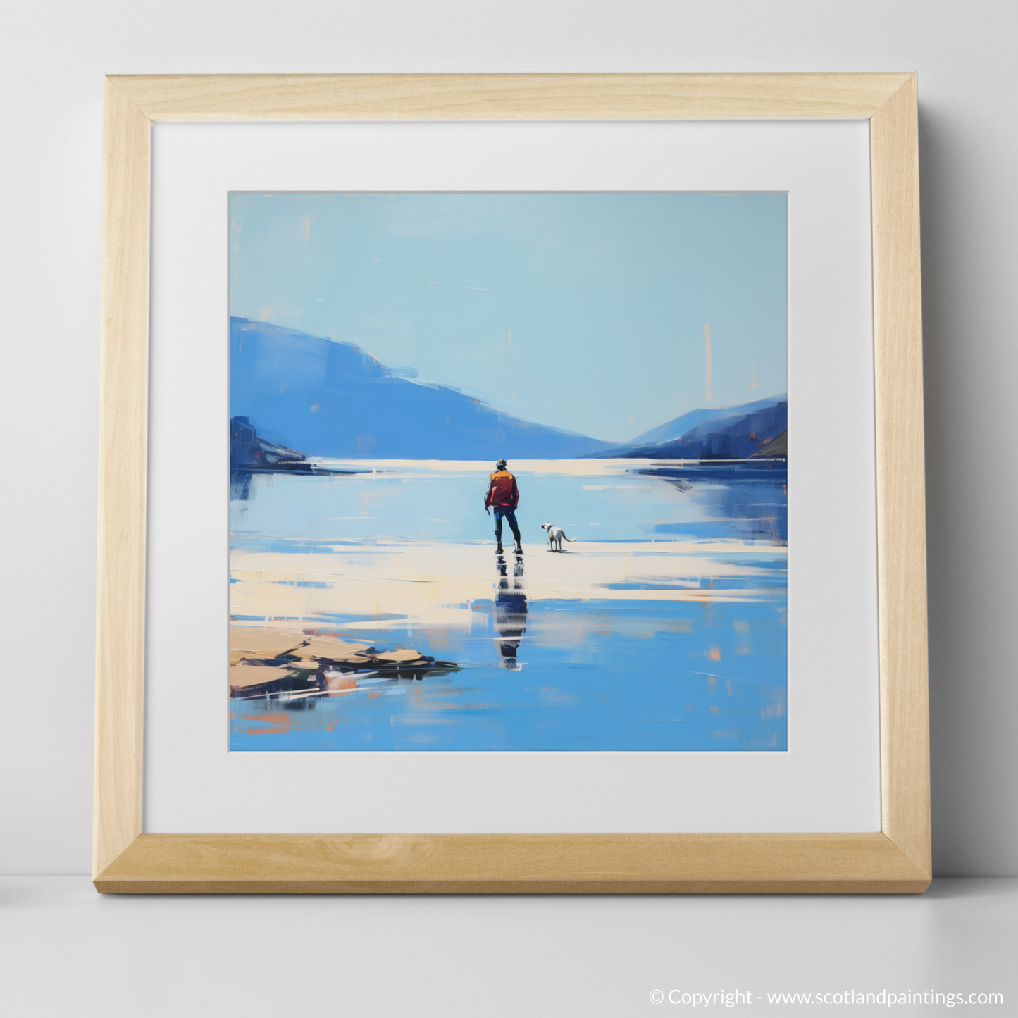 Art Print of A man walking dog at the side of Loch Lomond with a natural frame