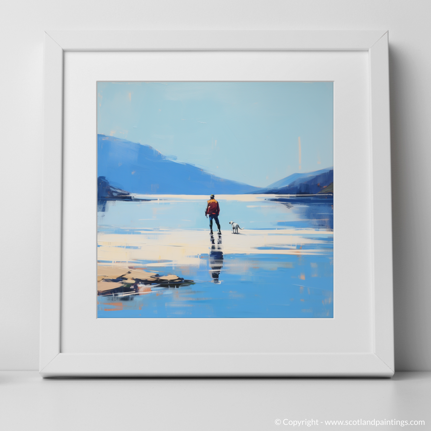 Art Print of A man walking dog at the side of Loch Lomond with a white frame