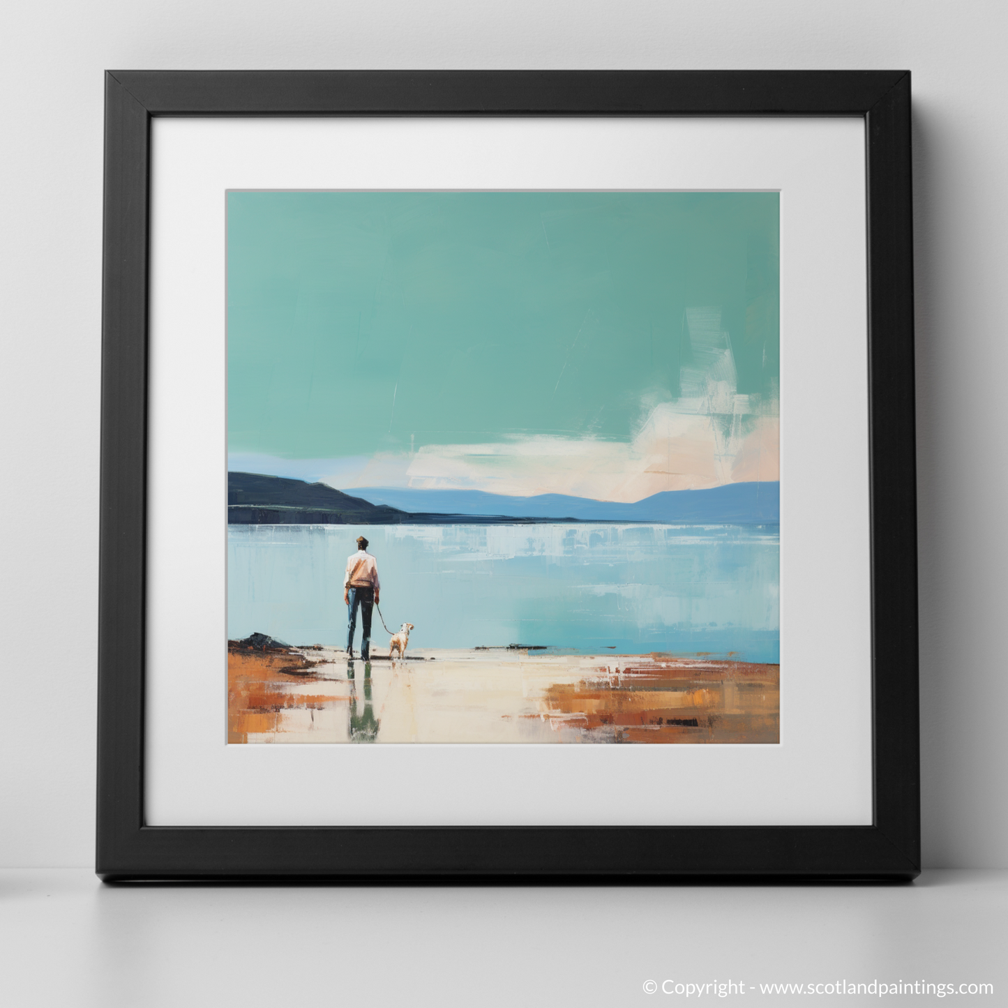 Art Print of A man walking dog at the side of Loch Lomond with a black frame