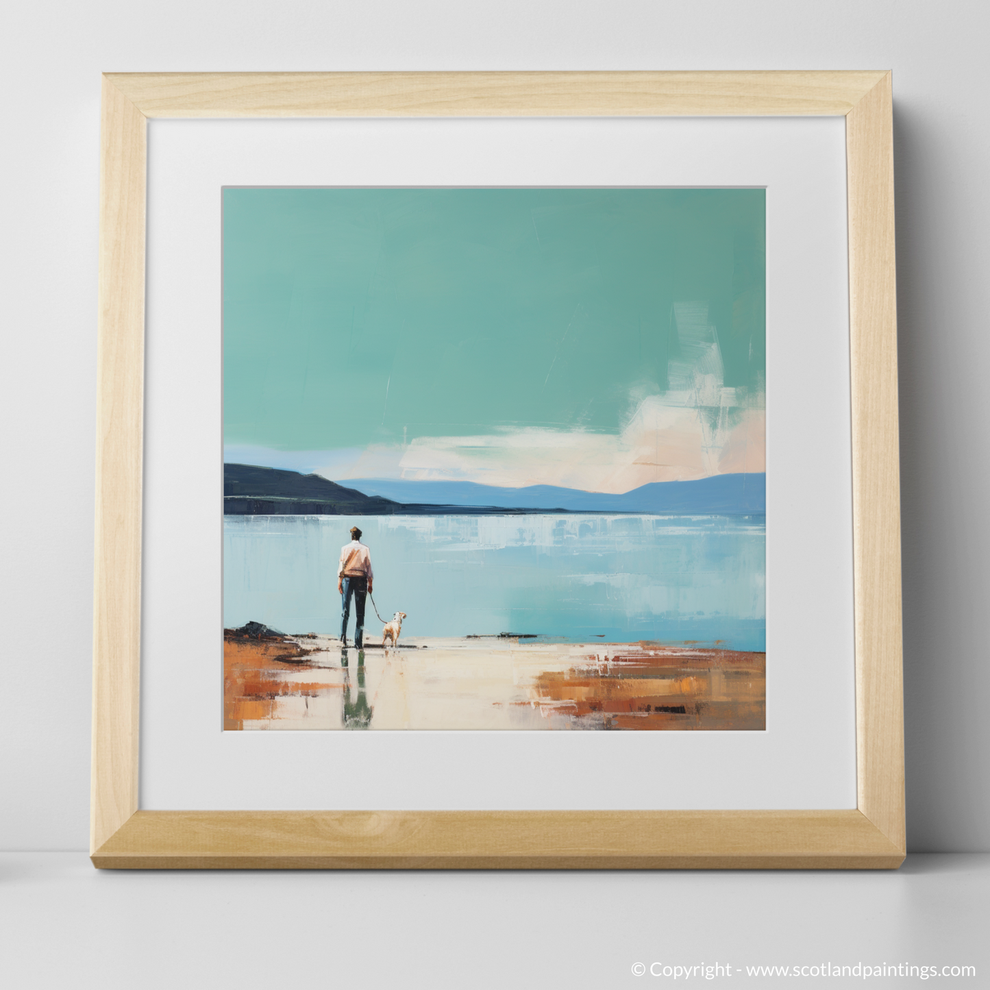 Art Print of A man walking dog at the side of Loch Lomond with a natural frame