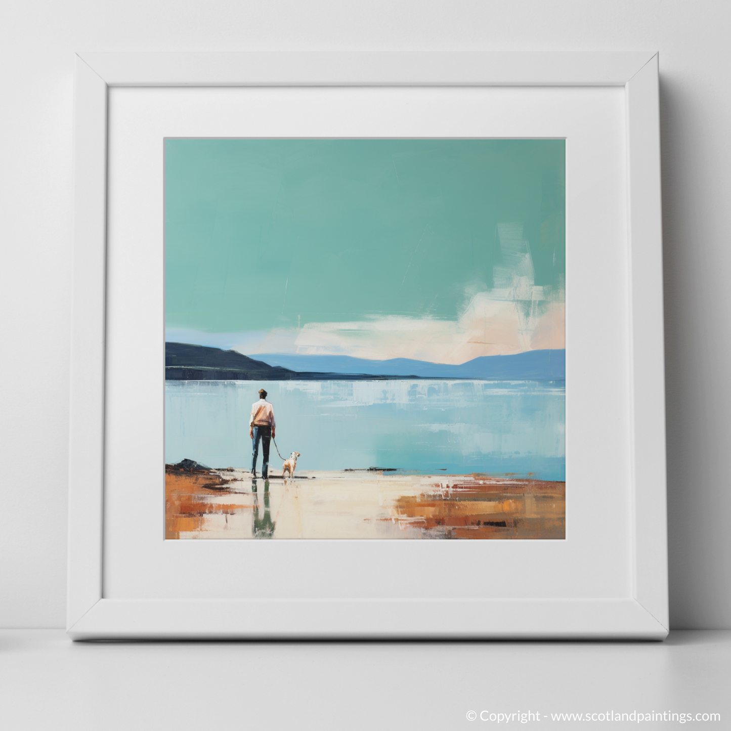 Art Print of A man walking dog at the side of Loch Lomond with a white frame