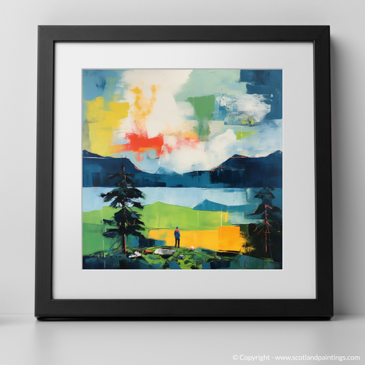 Art Print of Two hikers looking out on Loch Lomond with a black frame