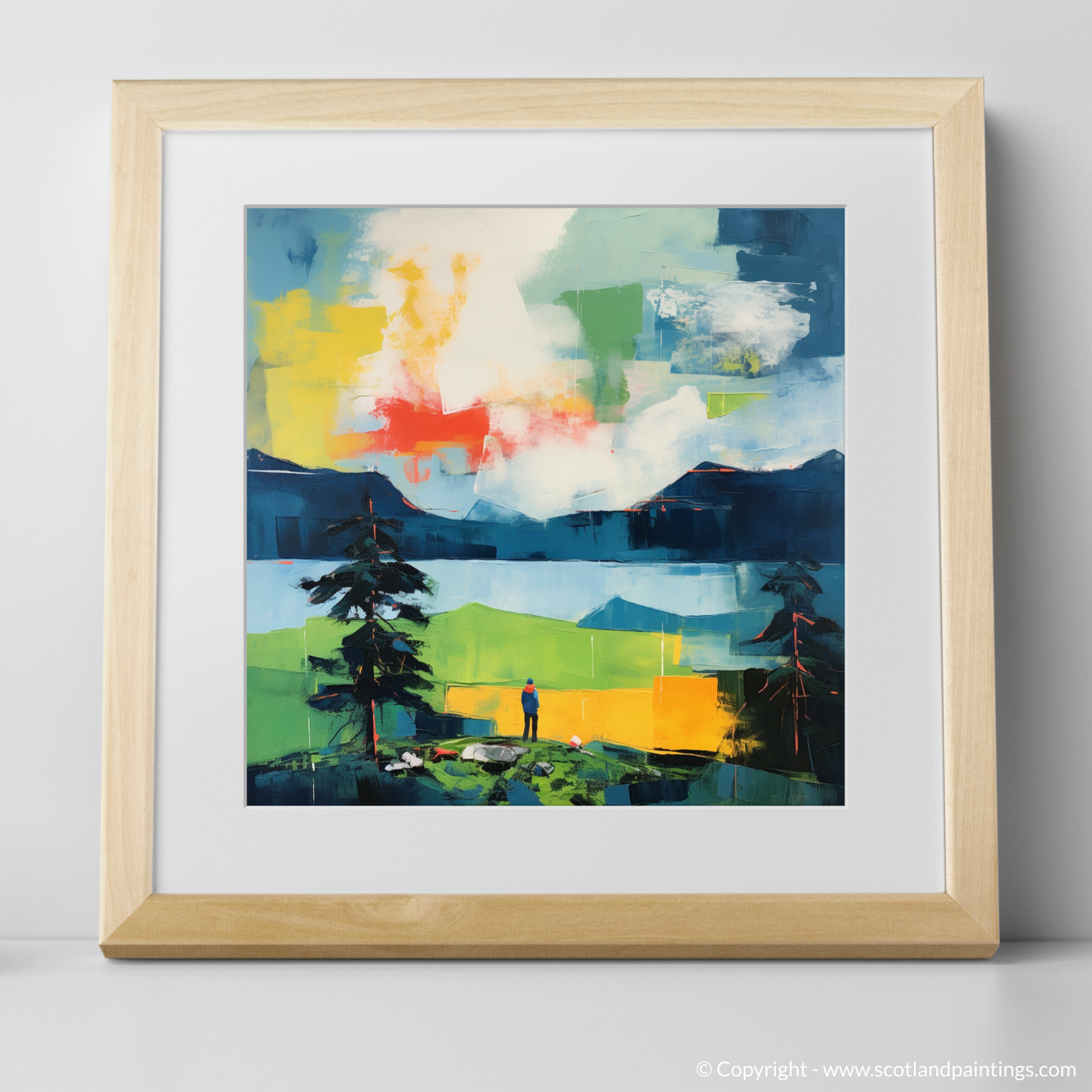 Art Print of Two hikers looking out on Loch Lomond with a natural frame