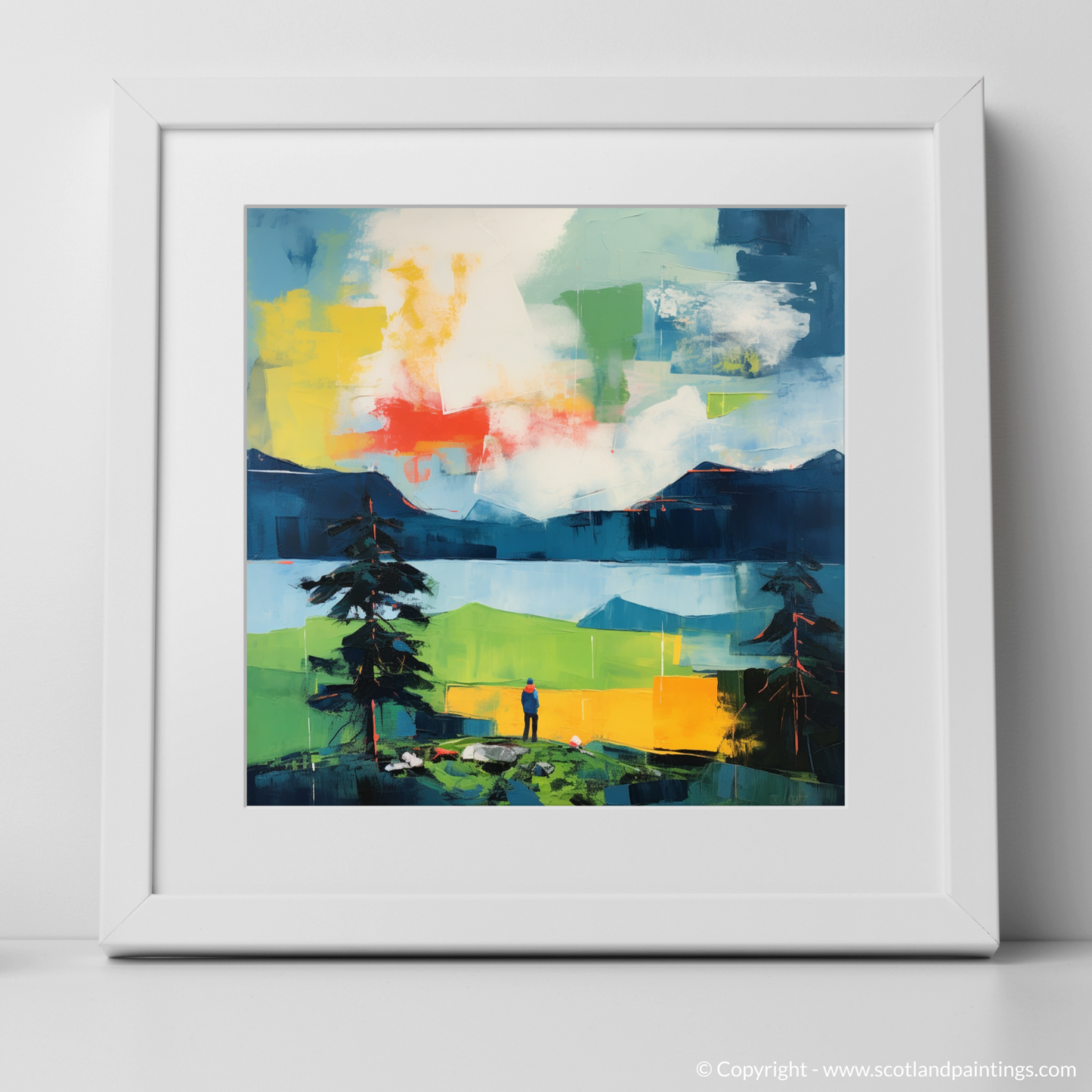 Art Print of Two hikers looking out on Loch Lomond with a white frame