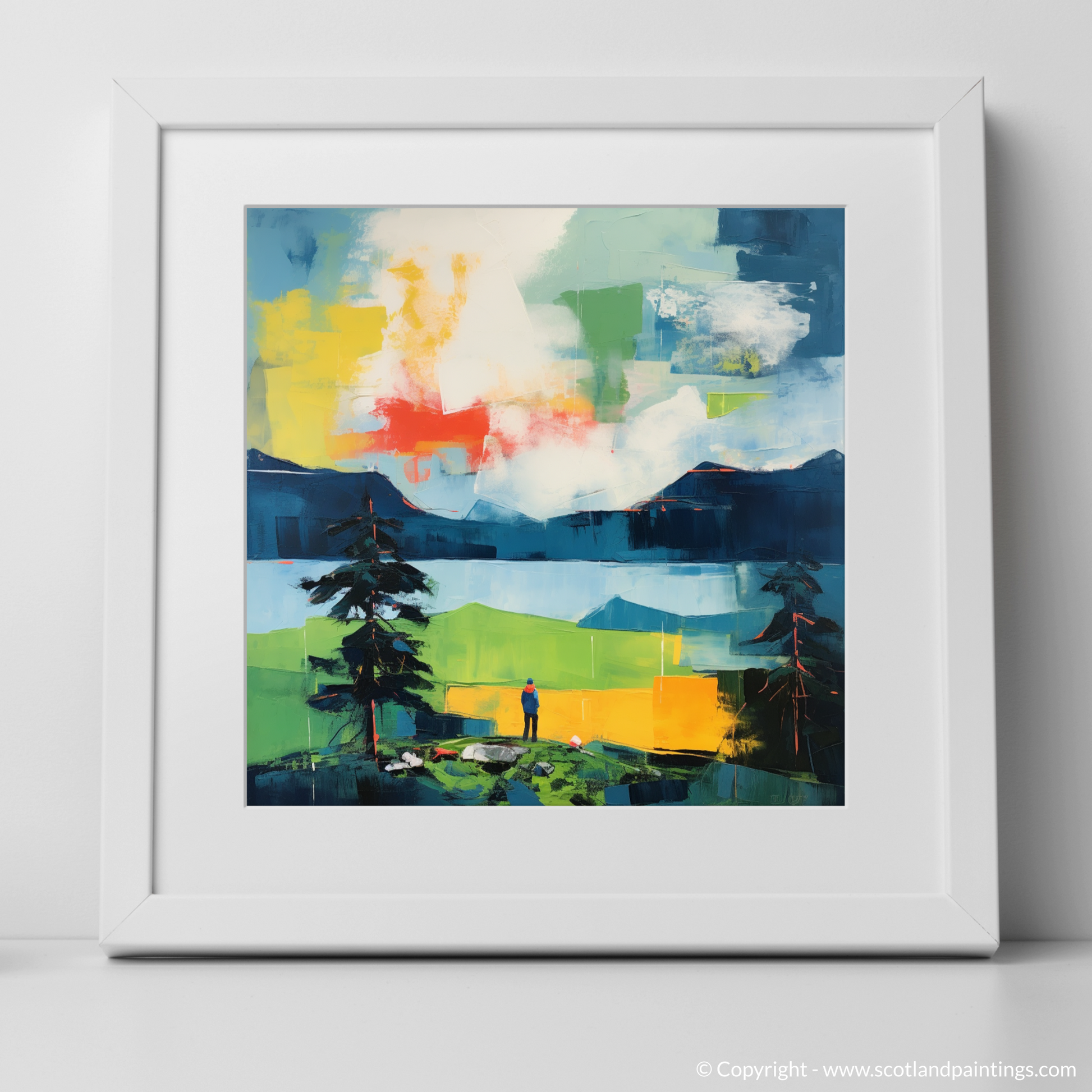 Art Print of Two hikers looking out on Loch Lomond with a white frame
