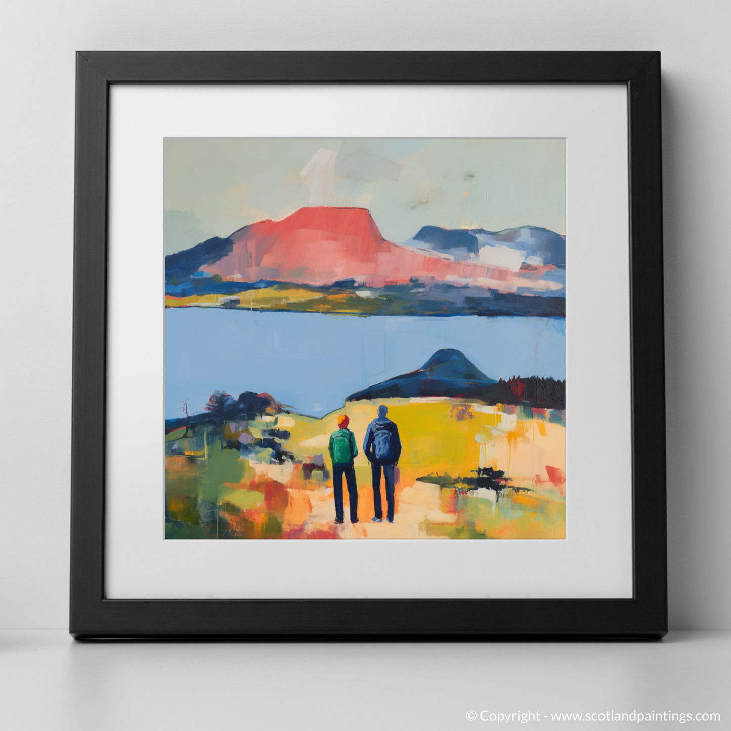 Art Print of Two hikers looking out on Loch Lomond with a black frame