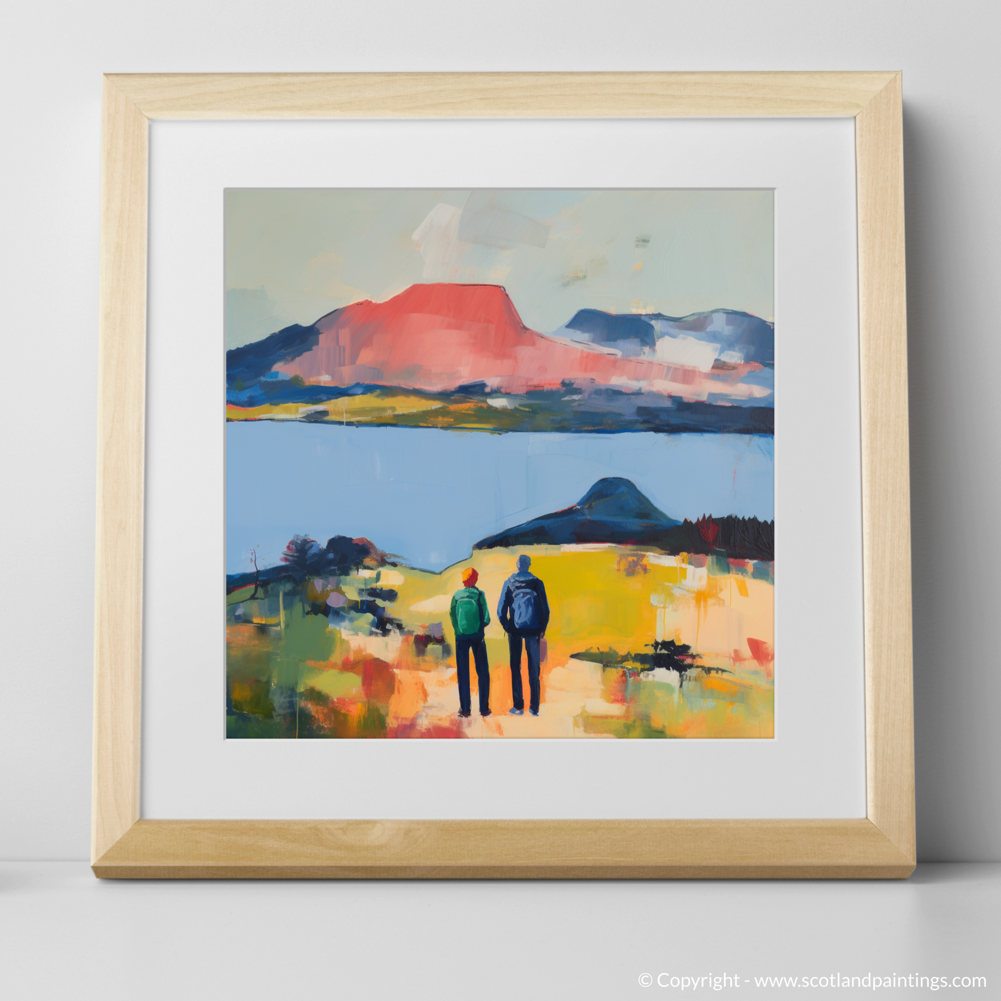 Art Print of Two hikers looking out on Loch Lomond with a natural frame