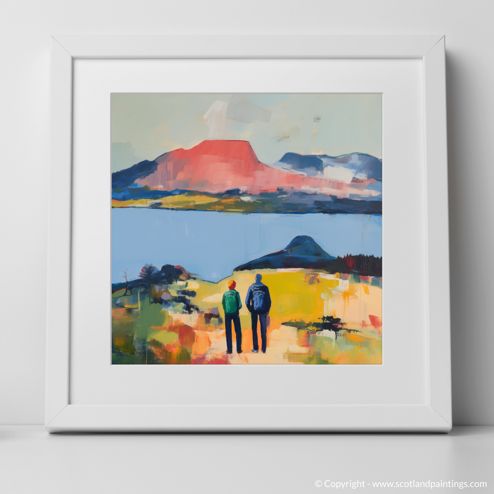 Art Print of Two hikers looking out on Loch Lomond with a white frame