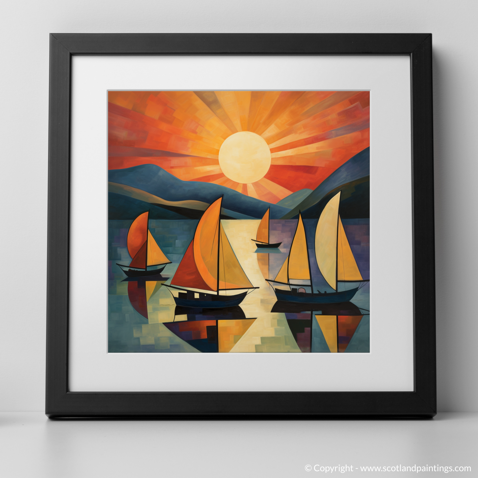 Art Print of Sailing boats on Loch Lomond at sunset with a black frame