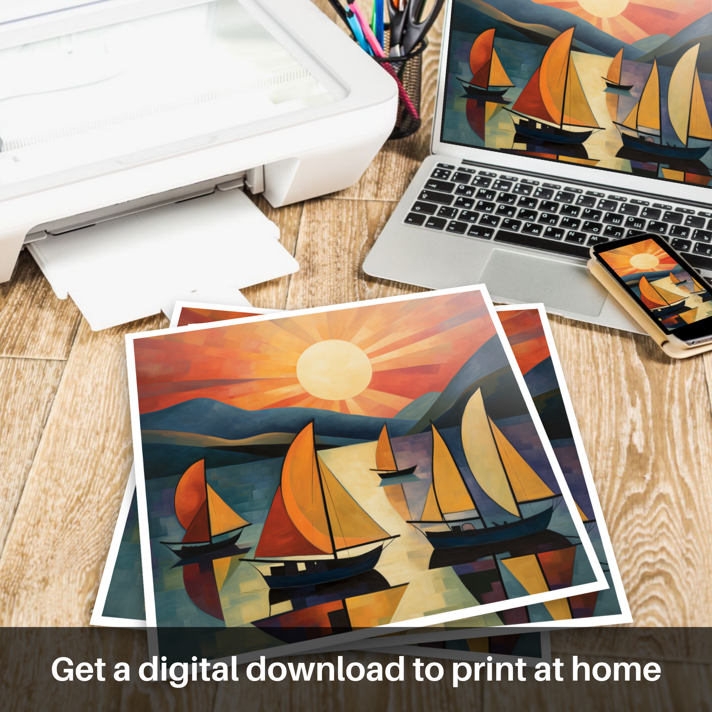 Downloadable and printable picture of Sailing boats on Loch Lomond at sunset