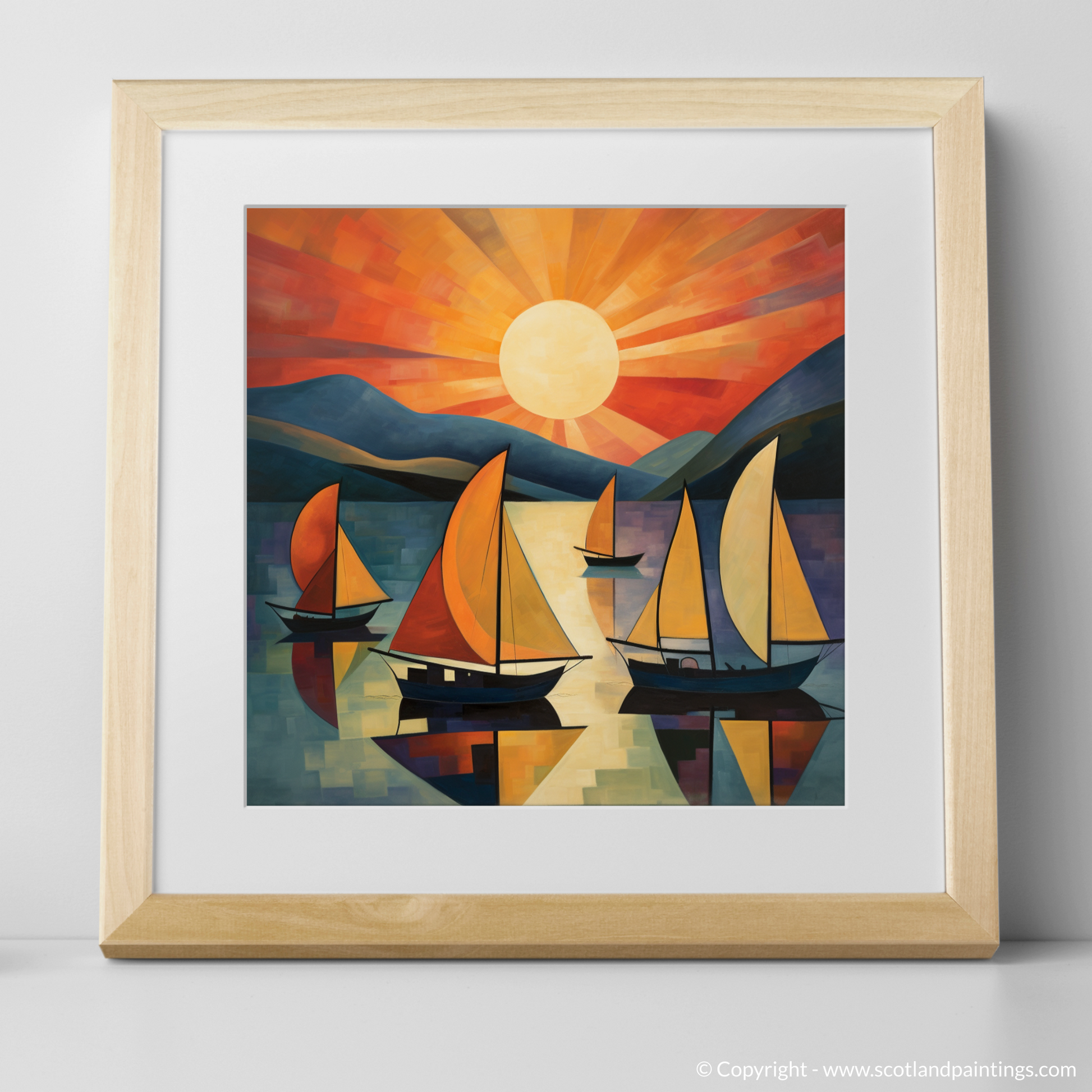 Art Print of Sailing boats on Loch Lomond at sunset with a natural frame