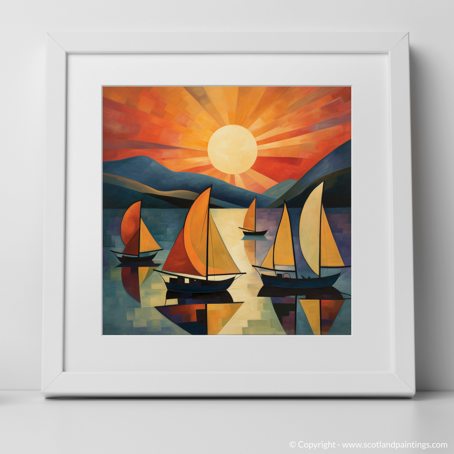 Art Print of Sailing boats on Loch Lomond at sunset with a white frame