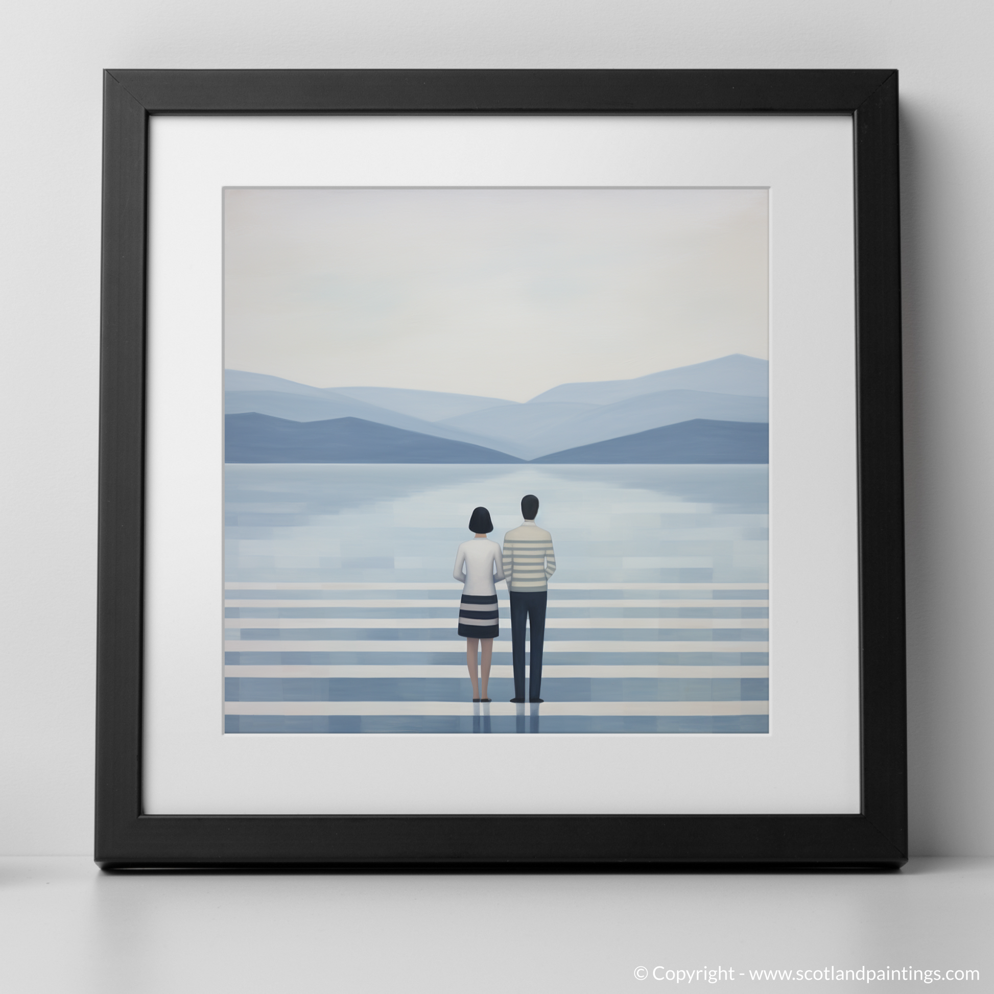 Art Print of A couple holding hands looking out on Loch Lomond with a black frame