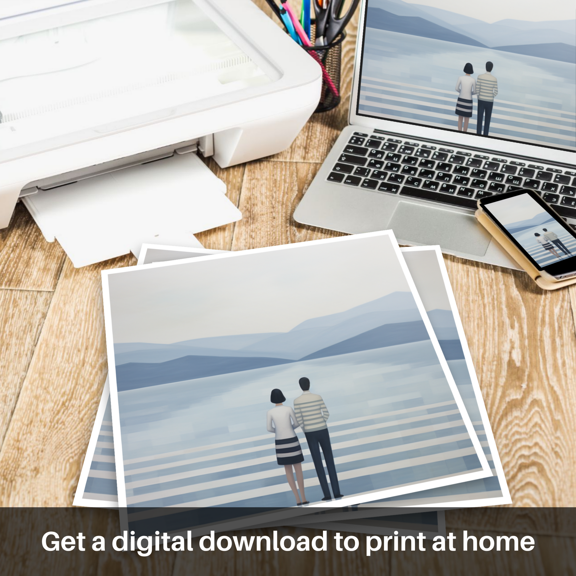 Downloadable and printable picture of A couple holding hands looking out on Loch Lomond