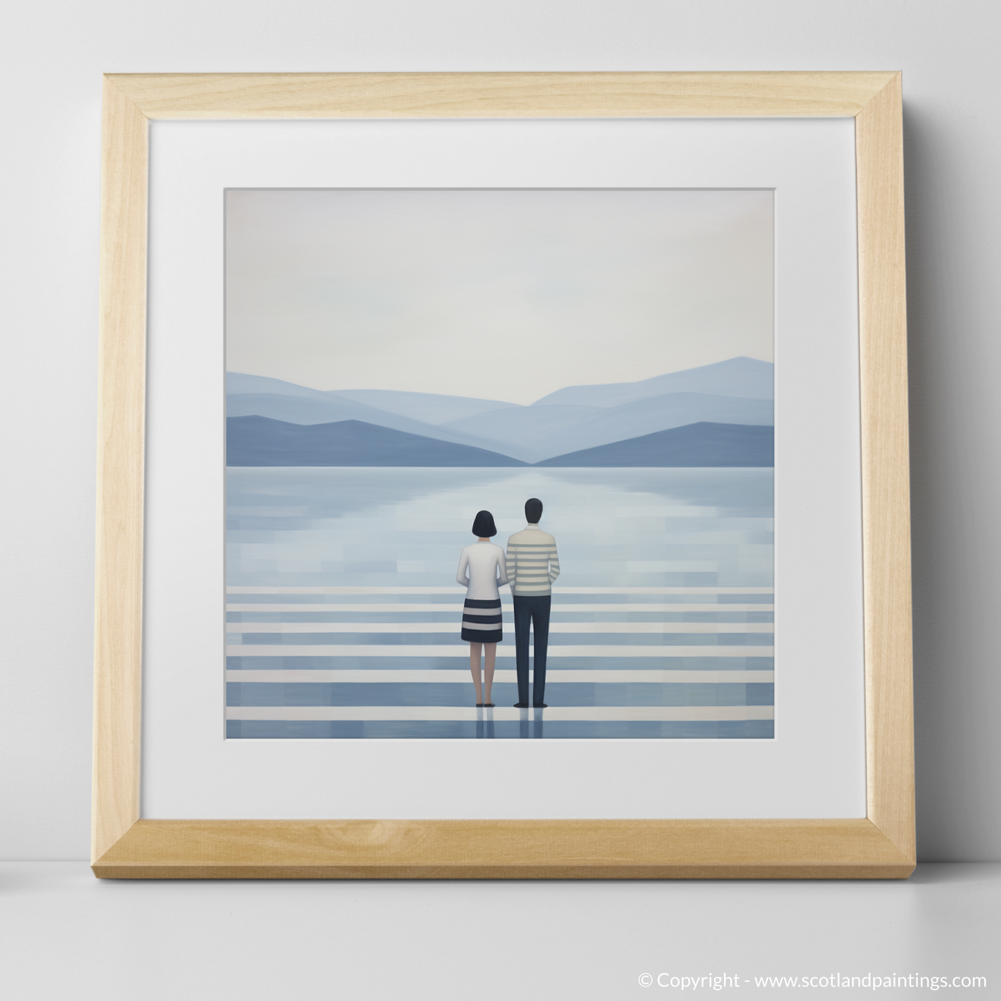 Art Print of A couple holding hands looking out on Loch Lomond with a natural frame