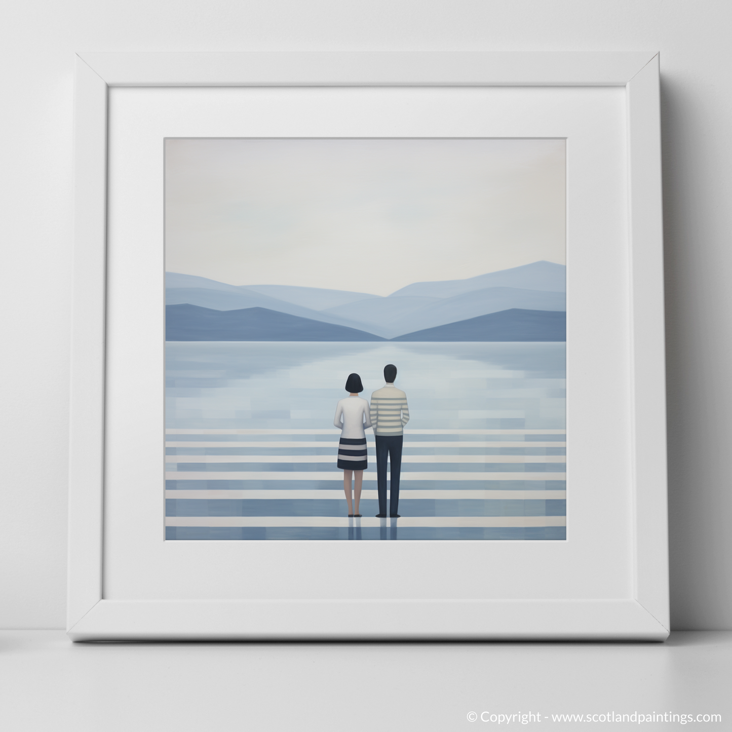 Art Print of A couple holding hands looking out on Loch Lomond with a white frame