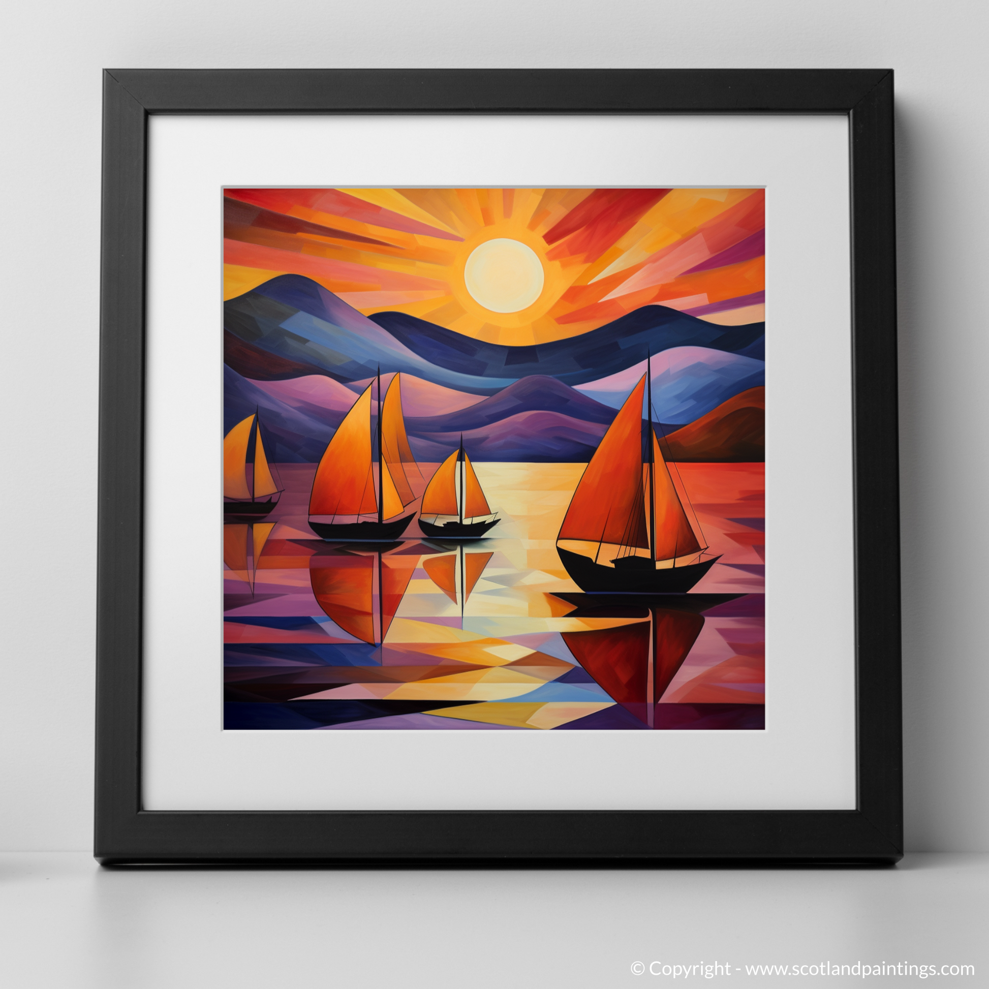 Art Print of Sailing boats on Loch Lomond at sunset with a black frame