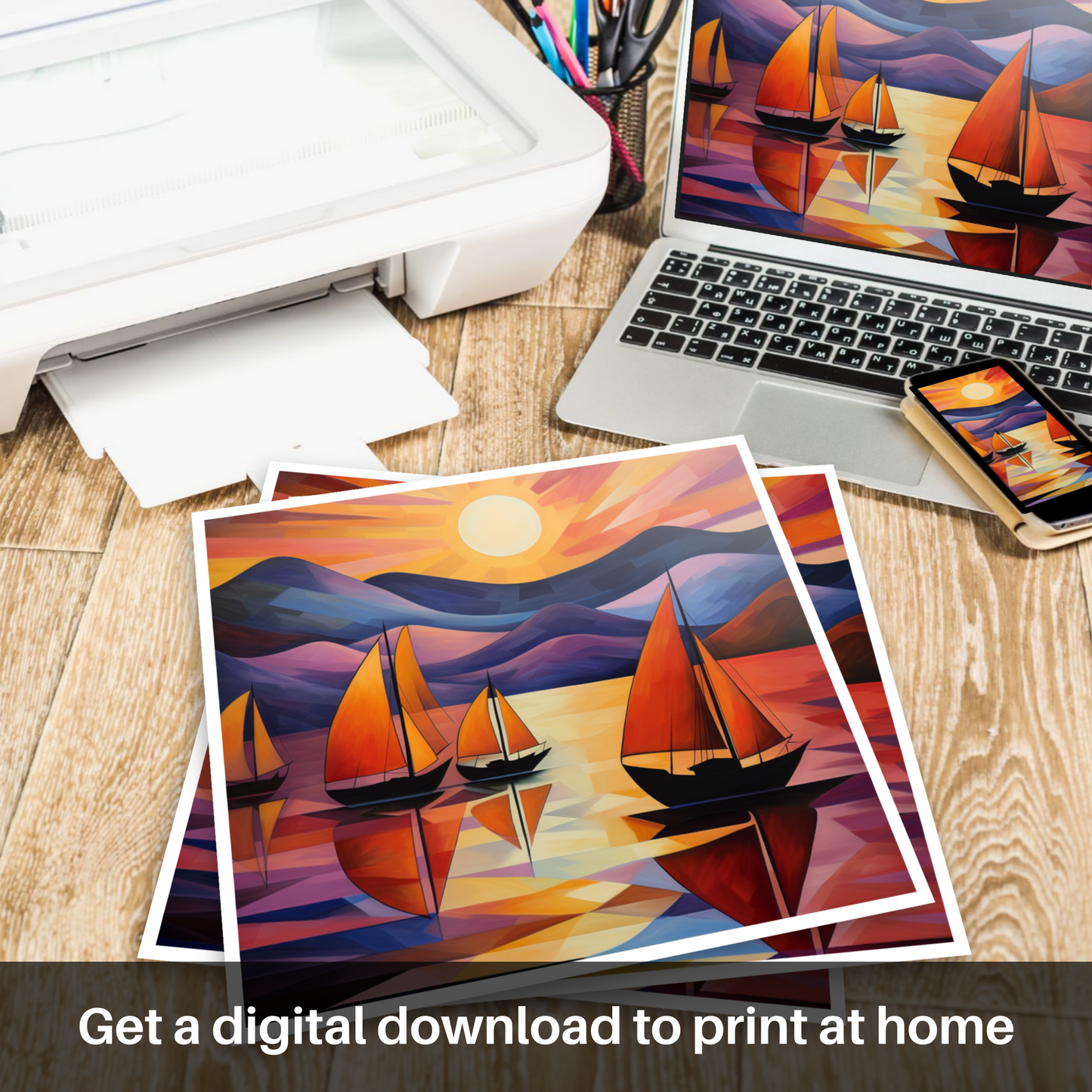 Downloadable and printable picture of Sailing boats on Loch Lomond at sunset