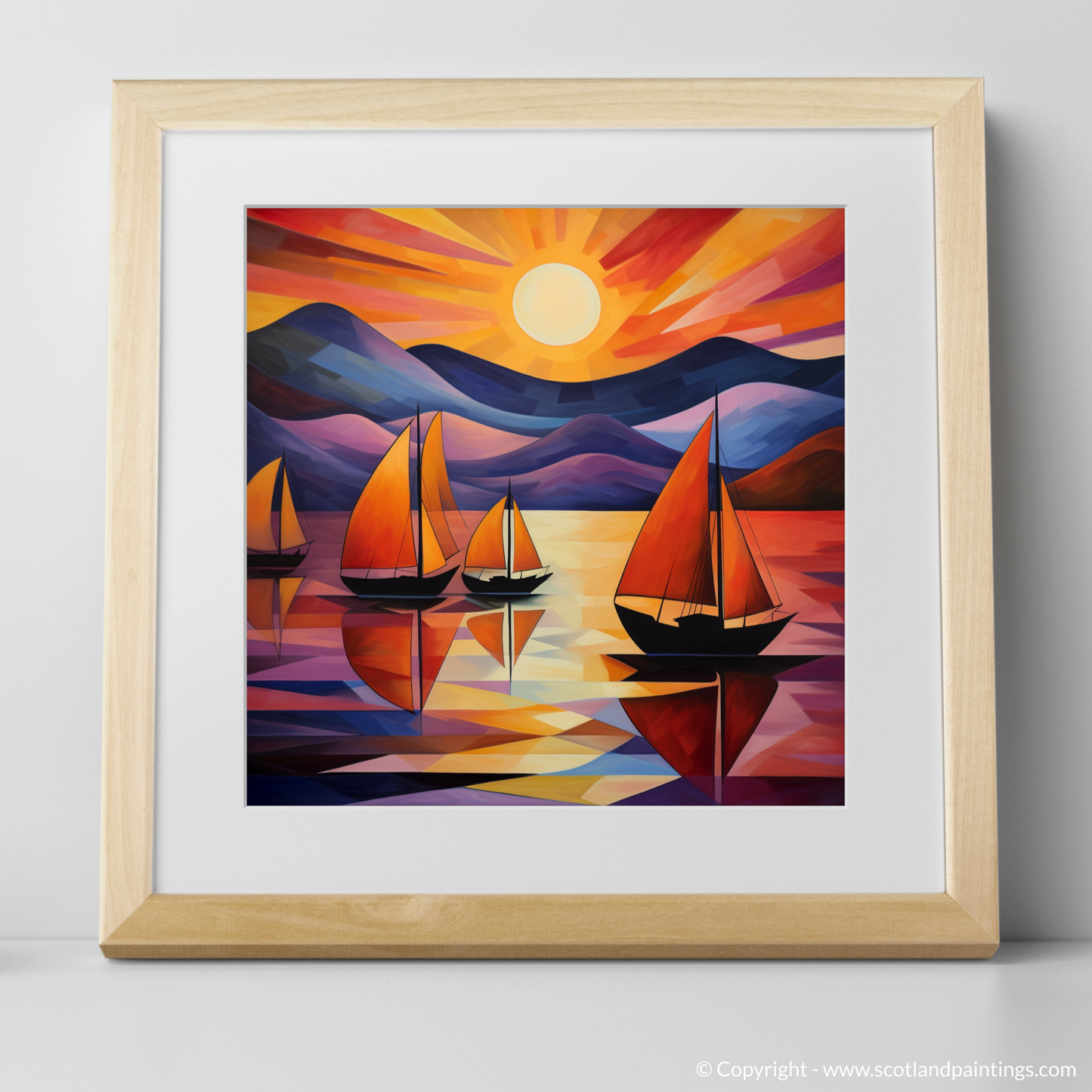 Art Print of Sailing boats on Loch Lomond at sunset with a natural frame