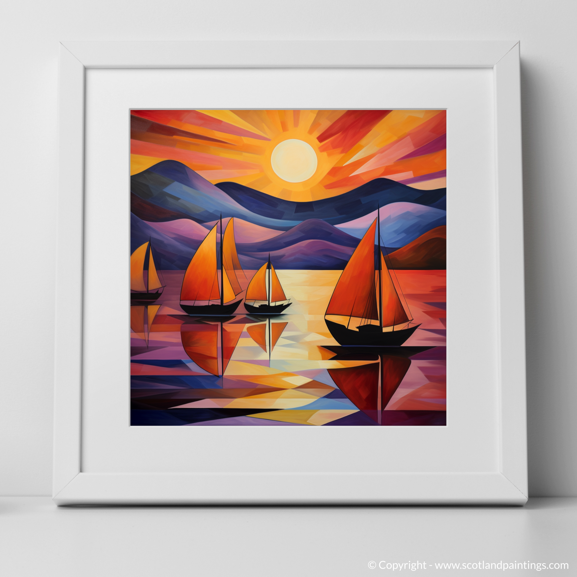 Art Print of Sailing boats on Loch Lomond at sunset with a white frame