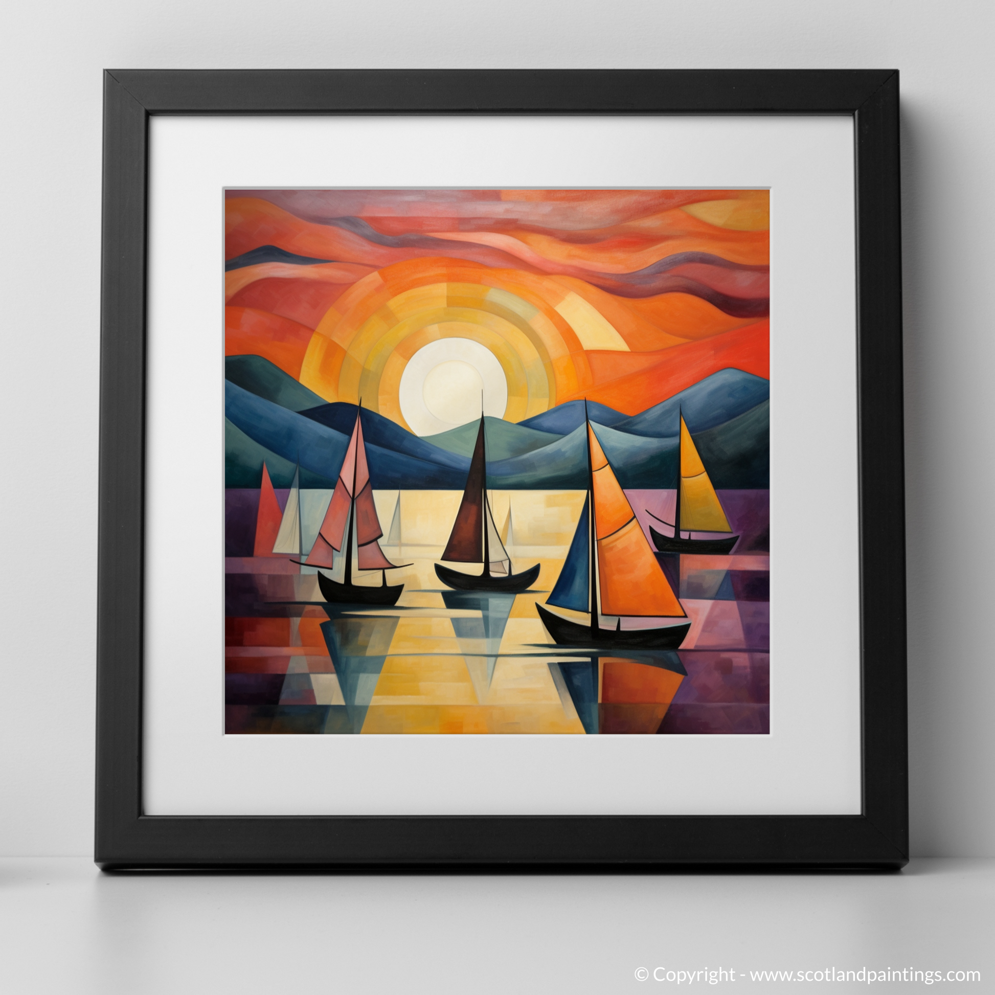 Art Print of Sailing boats on Loch Lomond at sunset with a black frame