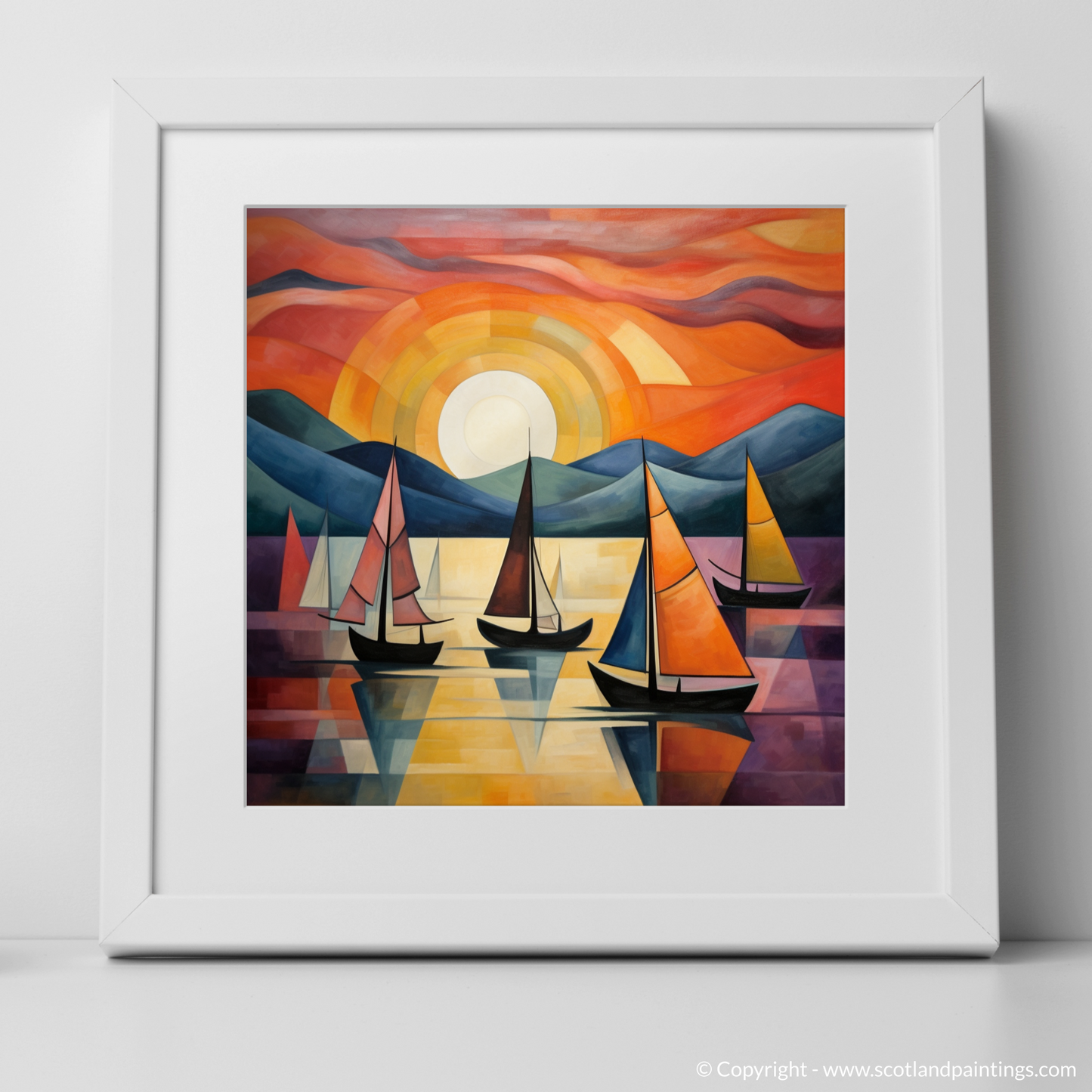 Art Print of Sailing boats on Loch Lomond at sunset with a white frame