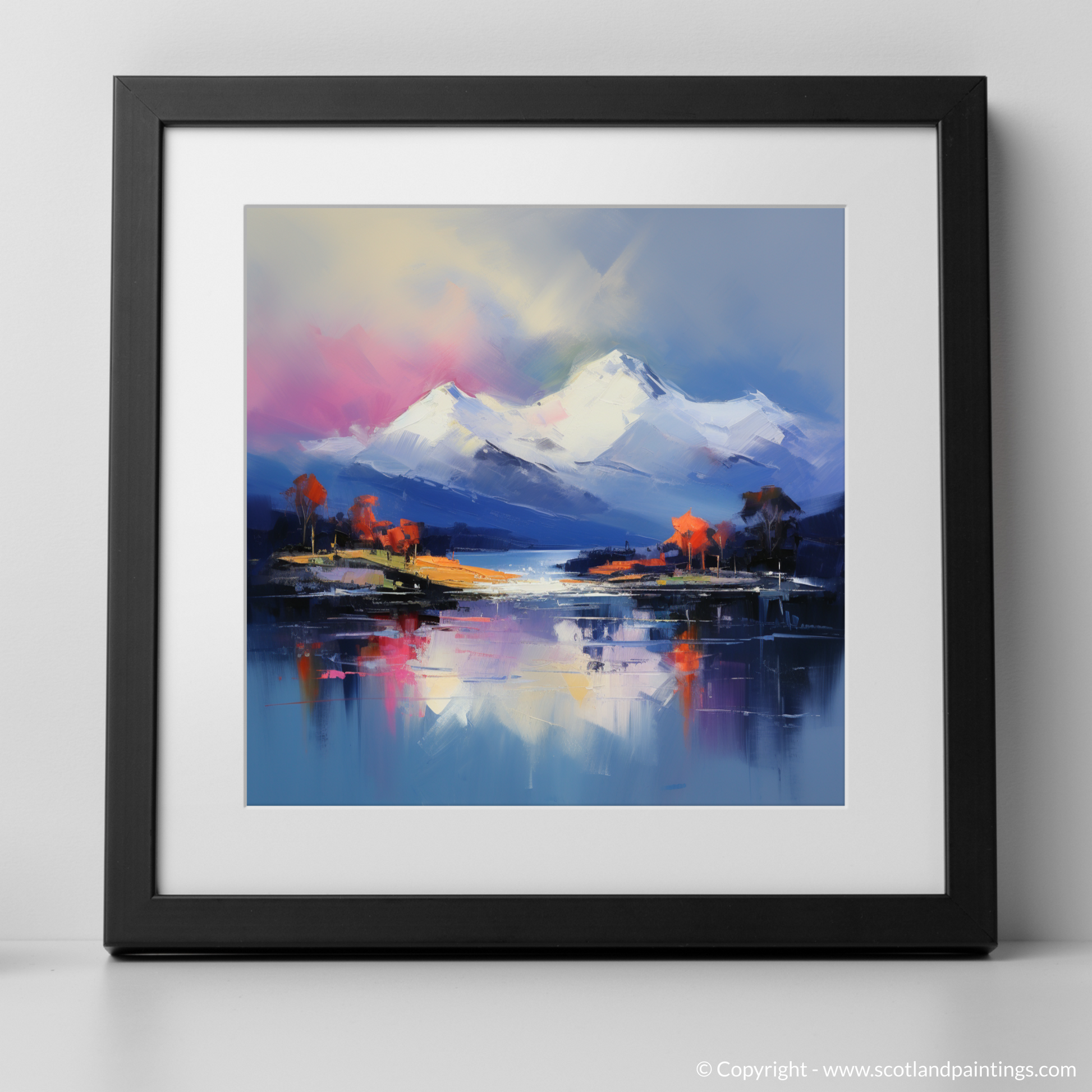 Art Print of Snow-capped peaks overlooking Loch Lomond with a black frame