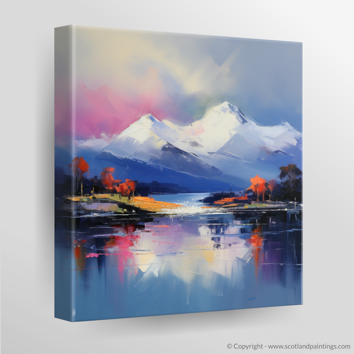 Canvas Print of Snow-capped peaks overlooking Loch Lomond