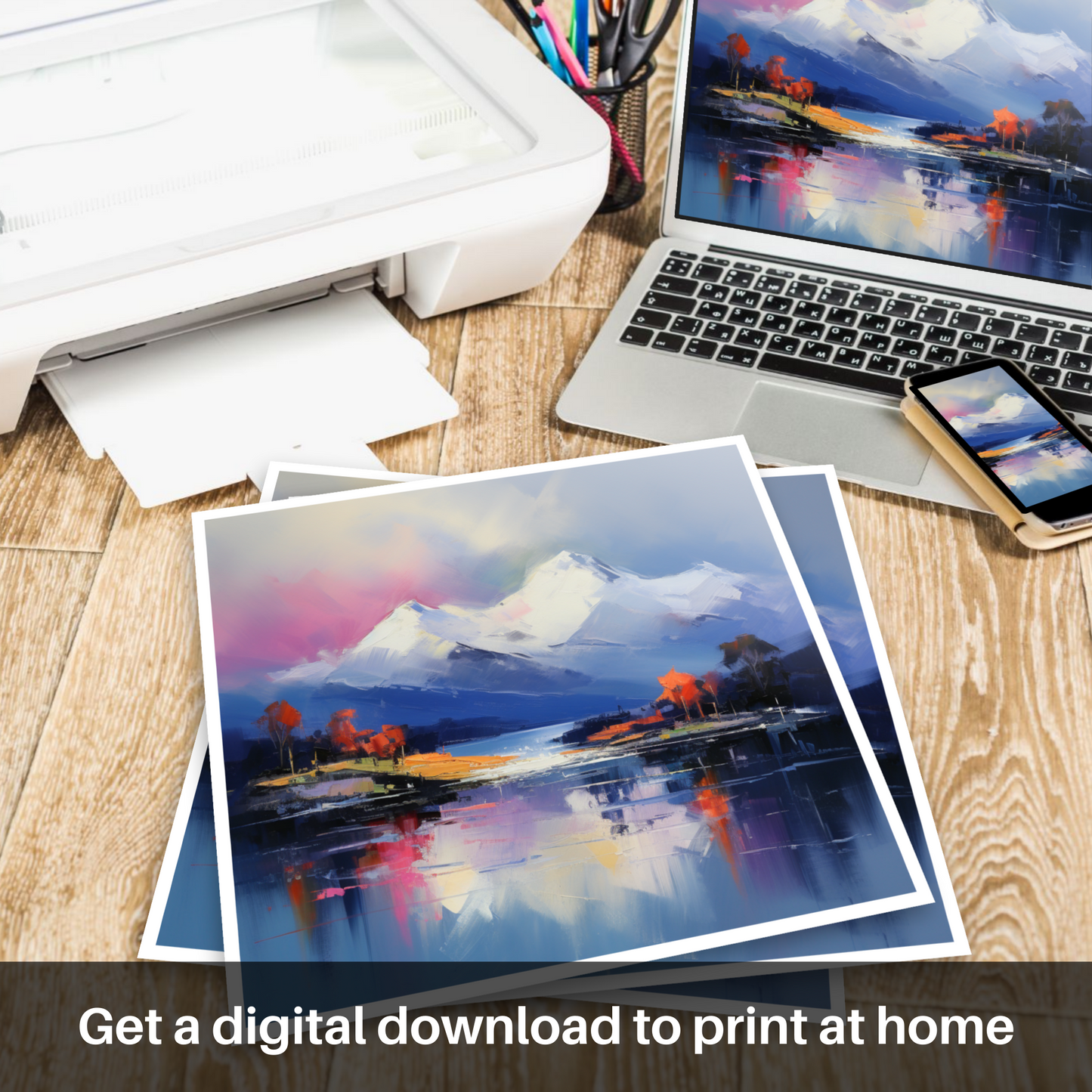 Downloadable and printable picture of Snow-capped peaks overlooking Loch Lomond