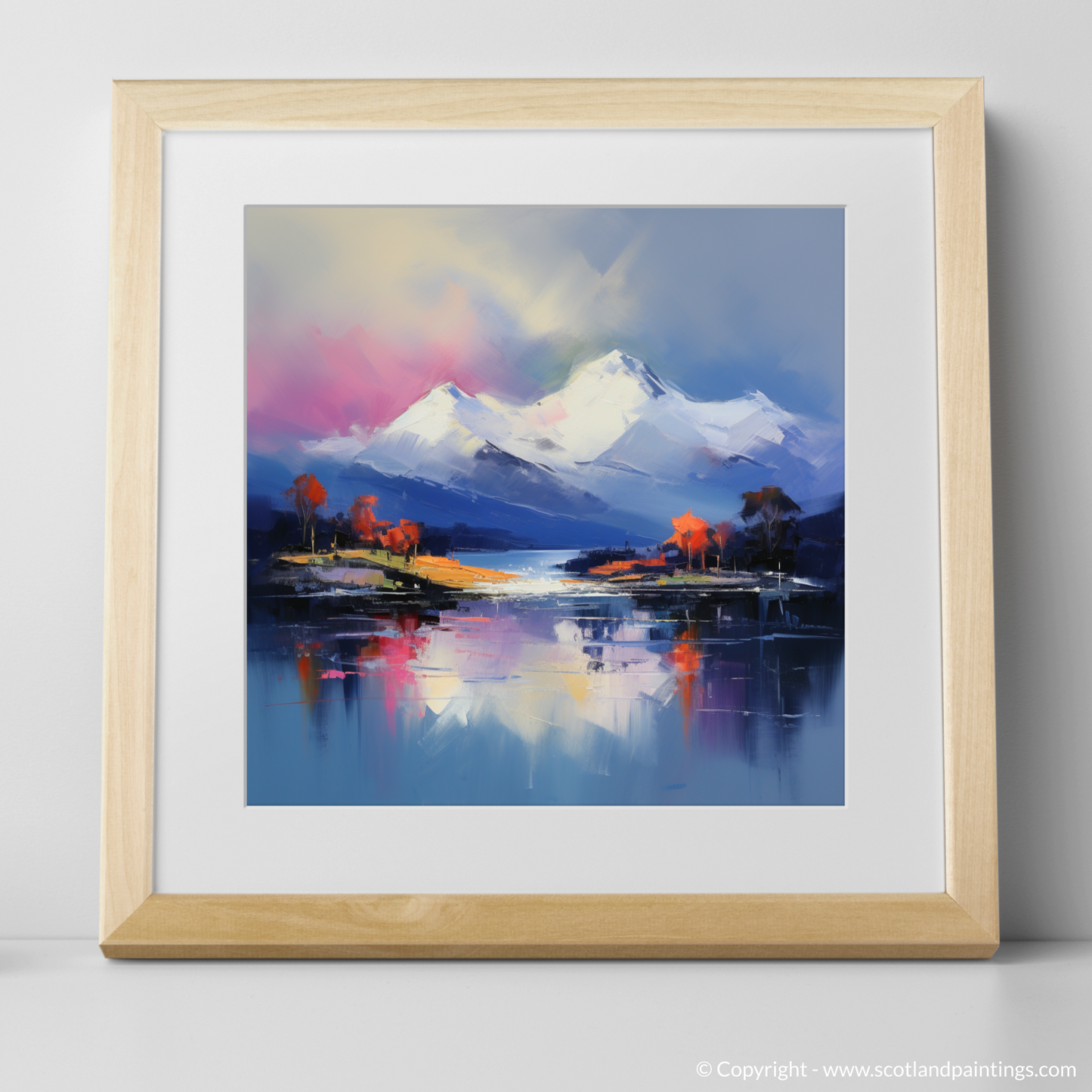 Art Print of Snow-capped peaks overlooking Loch Lomond with a natural frame