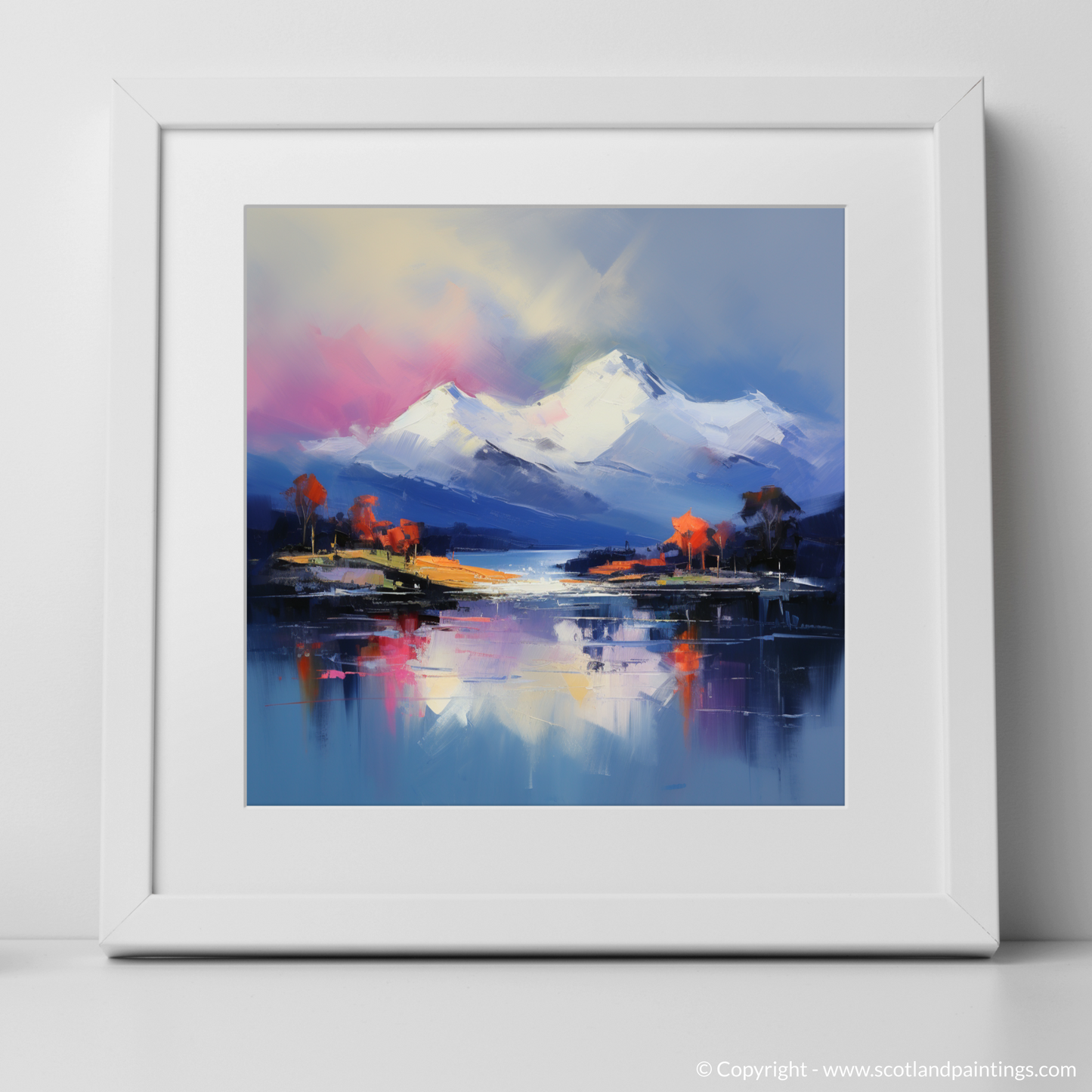 Art Print of Snow-capped peaks overlooking Loch Lomond with a white frame