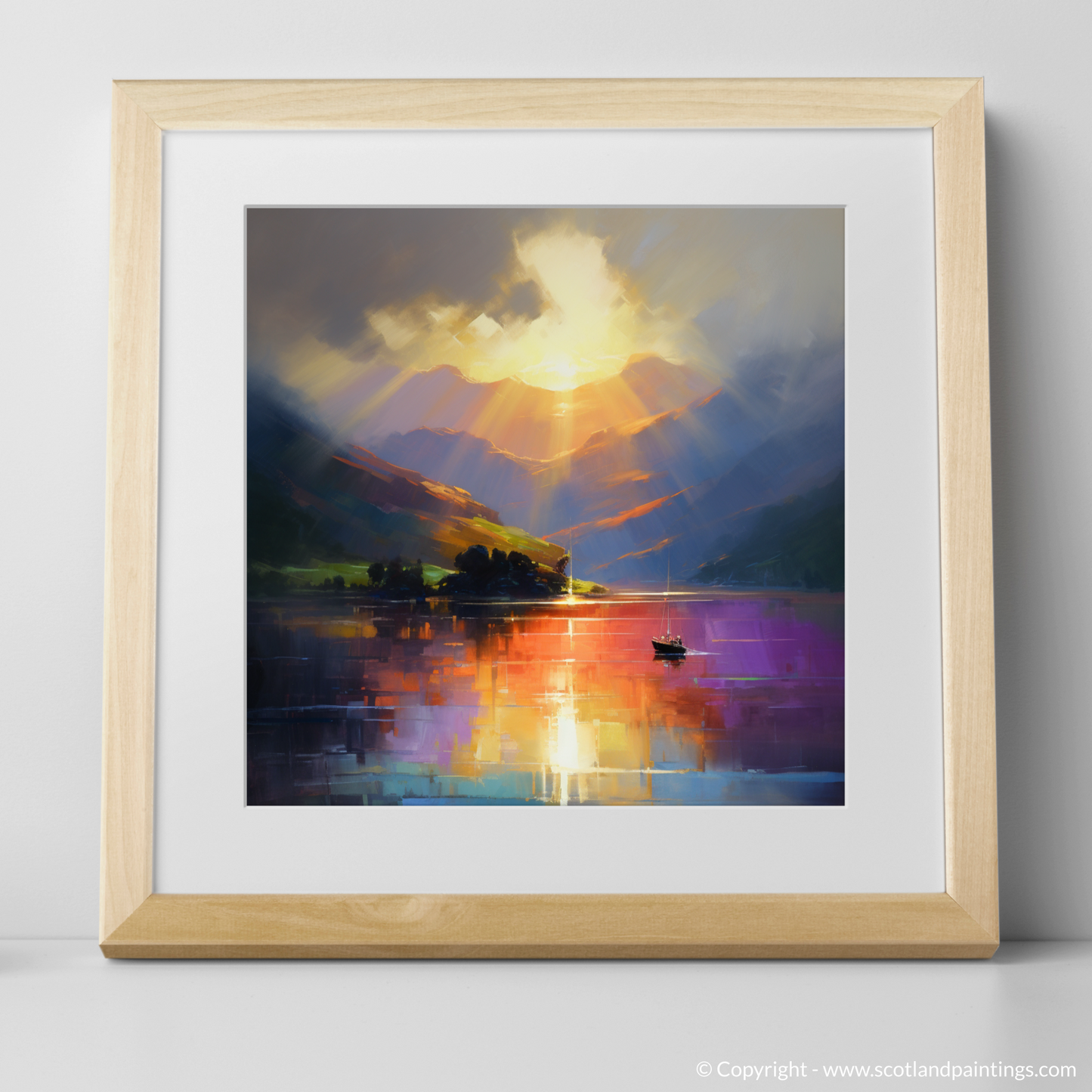 Art Print of Sunbeams on Loch Lomond with a natural frame