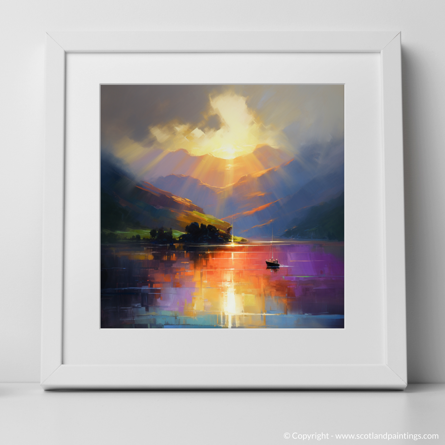 Art Print of Sunbeams on Loch Lomond with a white frame