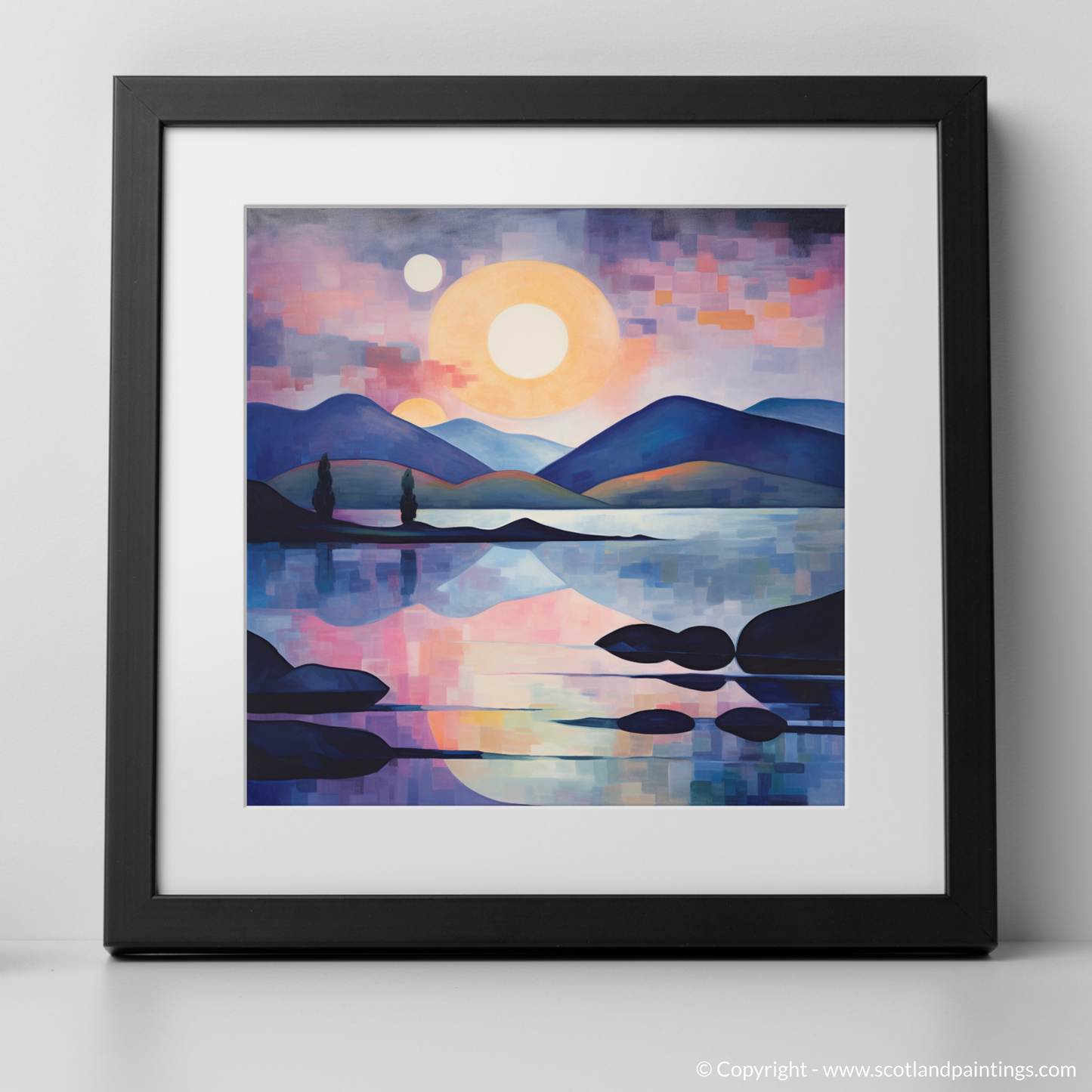 Painting and Art Print of Twilight reflections on Loch Lomond. Twilight Reflections: An Abstract Dance of Light on Loch Lomond.