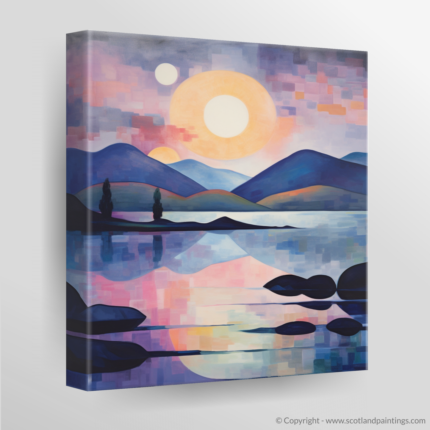 Painting and Art Print of Twilight reflections on Loch Lomond. Twilight Reflections: An Abstract Dance of Light on Loch Lomond.