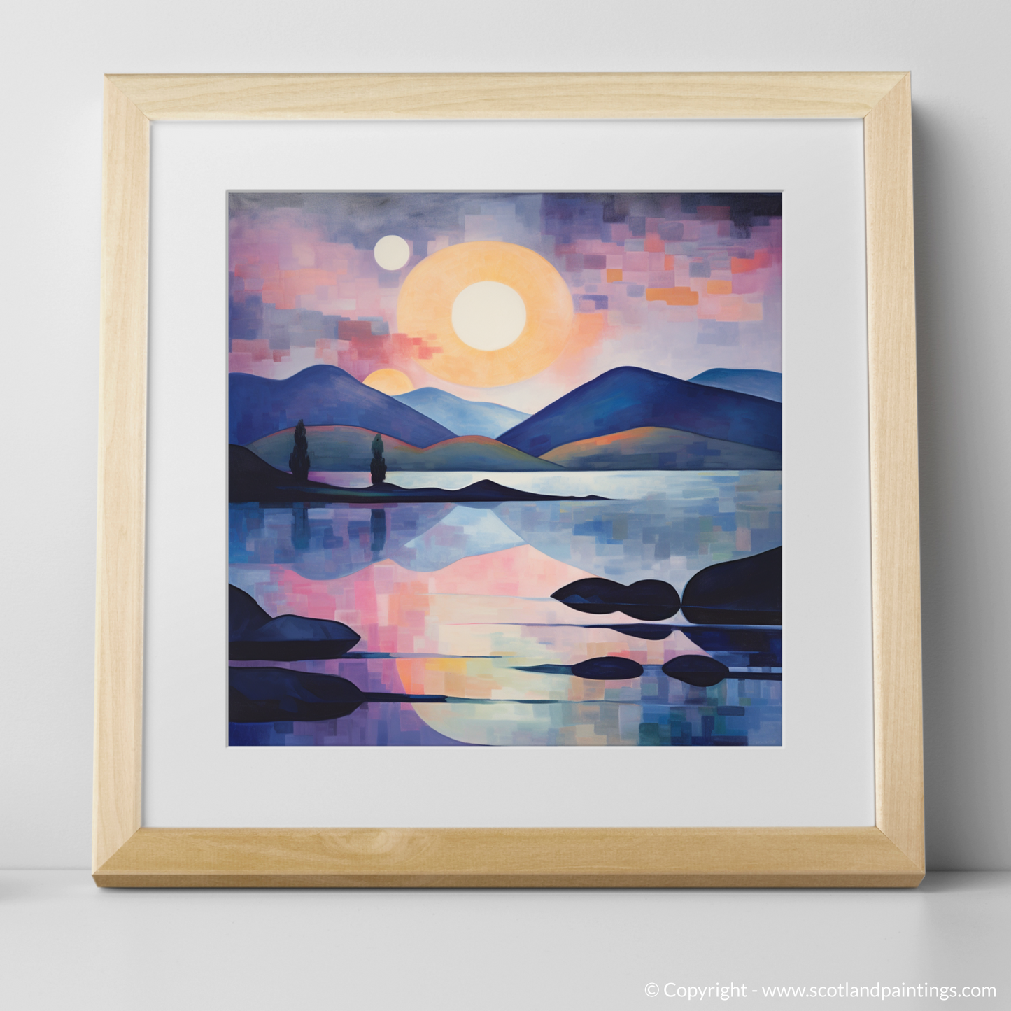 Painting and Art Print of Twilight reflections on Loch Lomond. Twilight Reflections: An Abstract Dance of Light on Loch Lomond.