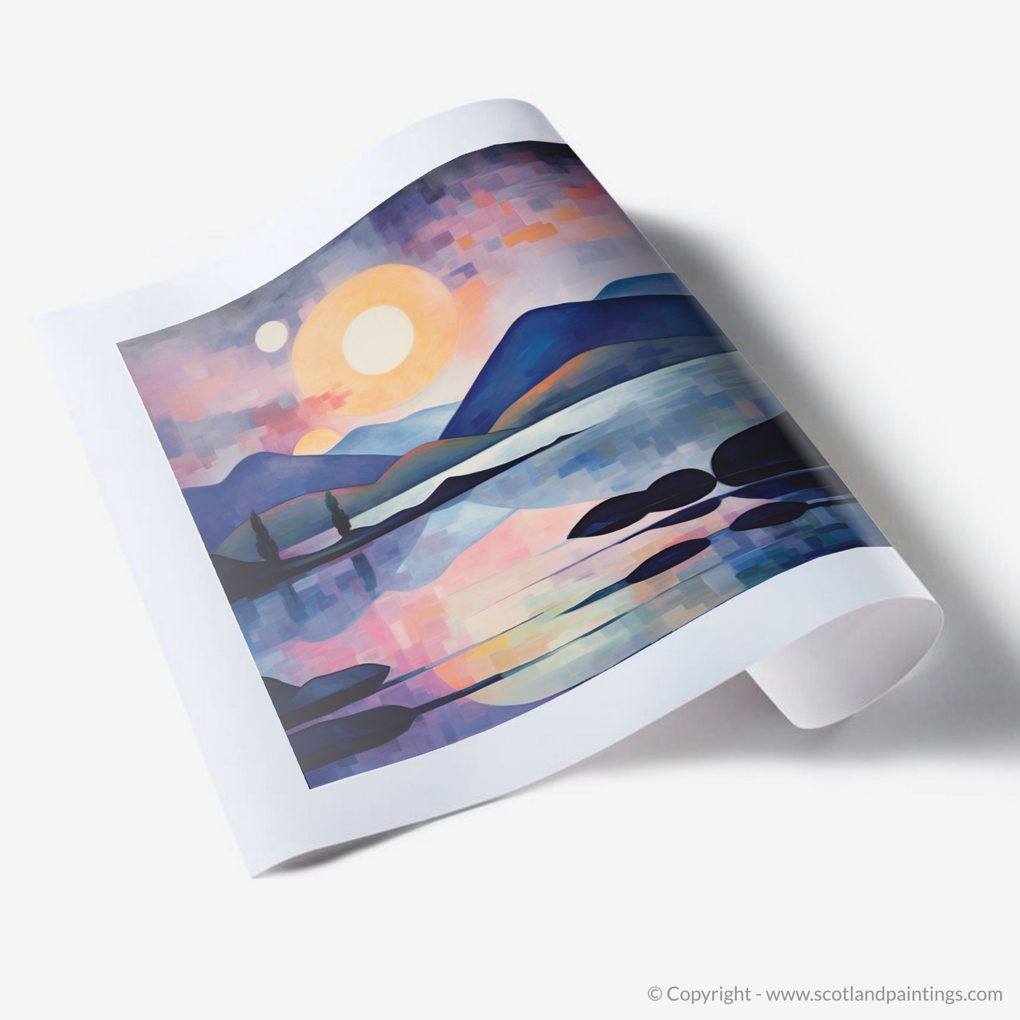 Painting and Art Print of Twilight reflections on Loch Lomond. Twilight Reflections: An Abstract Dance of Light on Loch Lomond.