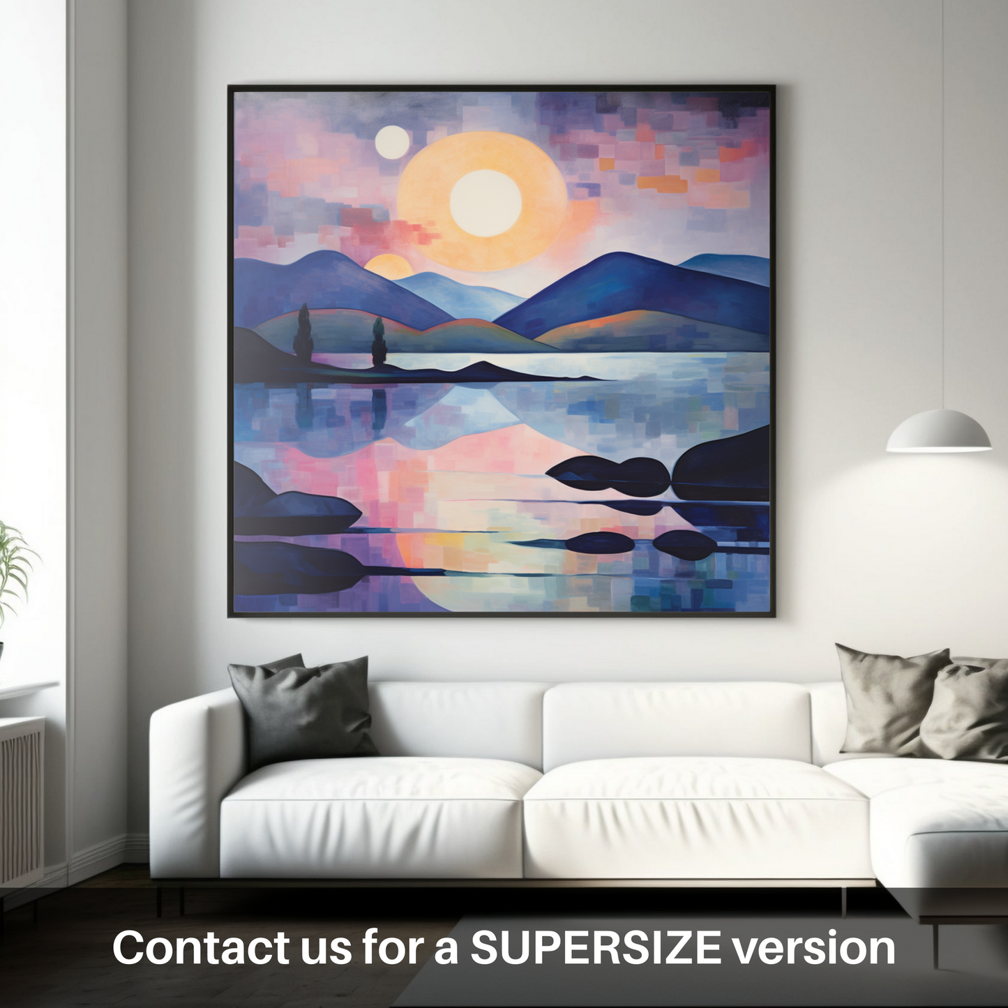 Painting and Art Print of Twilight reflections on Loch Lomond. Twilight Reflections: An Abstract Dance of Light on Loch Lomond.