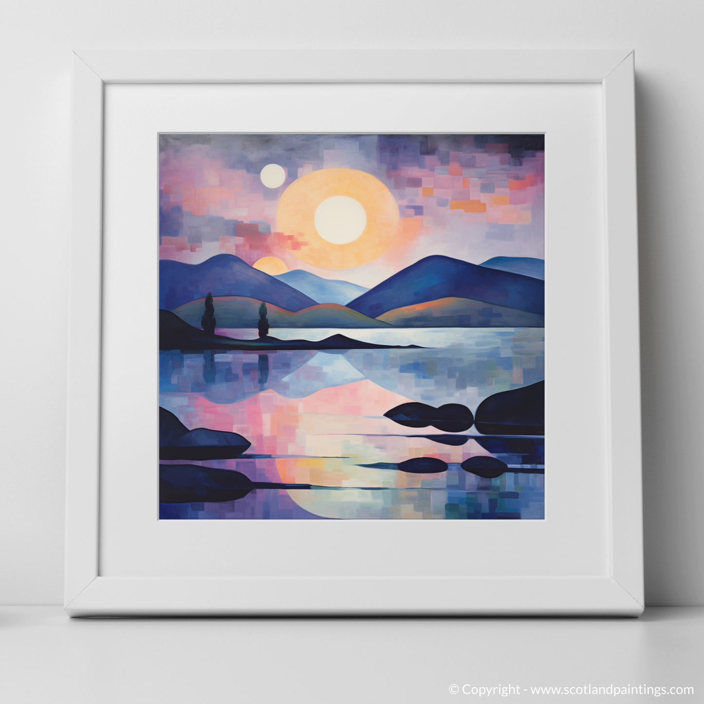 Painting and Art Print of Twilight reflections on Loch Lomond. Twilight Reflections: An Abstract Dance of Light on Loch Lomond.