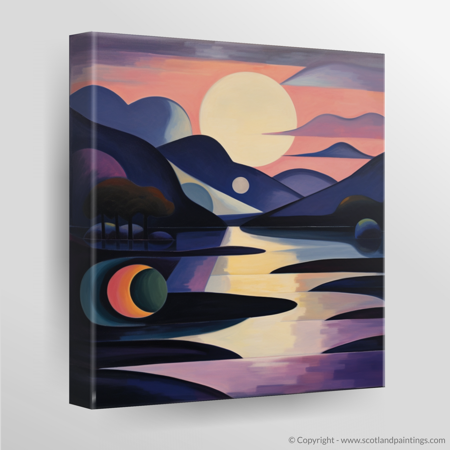 Painting and Art Print of Twilight reflections on Loch Lomond. Twilight Reflections: An Abstract Dance of Loch Lomond.